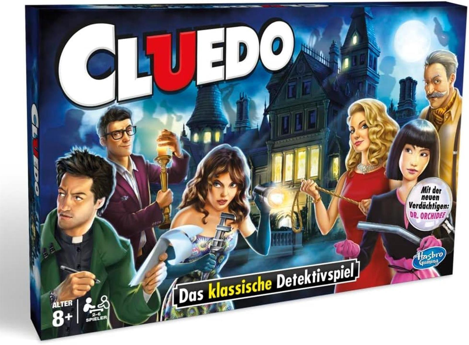 Die Cluedo-Brettspielbox zeigt sechs Verdächtige vor einer dunklen Villa unter Vollmond.