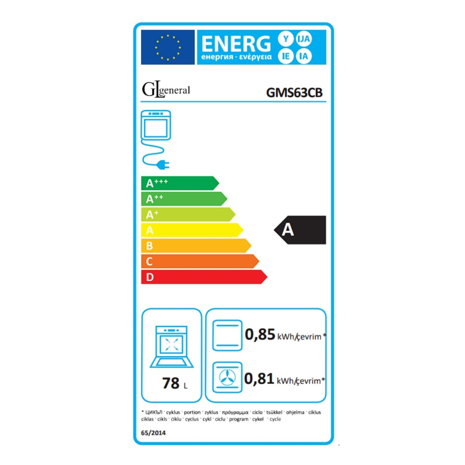 General GMS63CB cihazı için kapasite ve tüketim detaylarını gösteren A sınıfı enerji etiketidir.