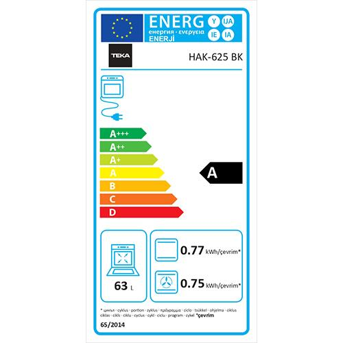 Teka HAK-625 BK enerji etiketinde A sınıfı, 63L kapasite ve tüketim verileri.