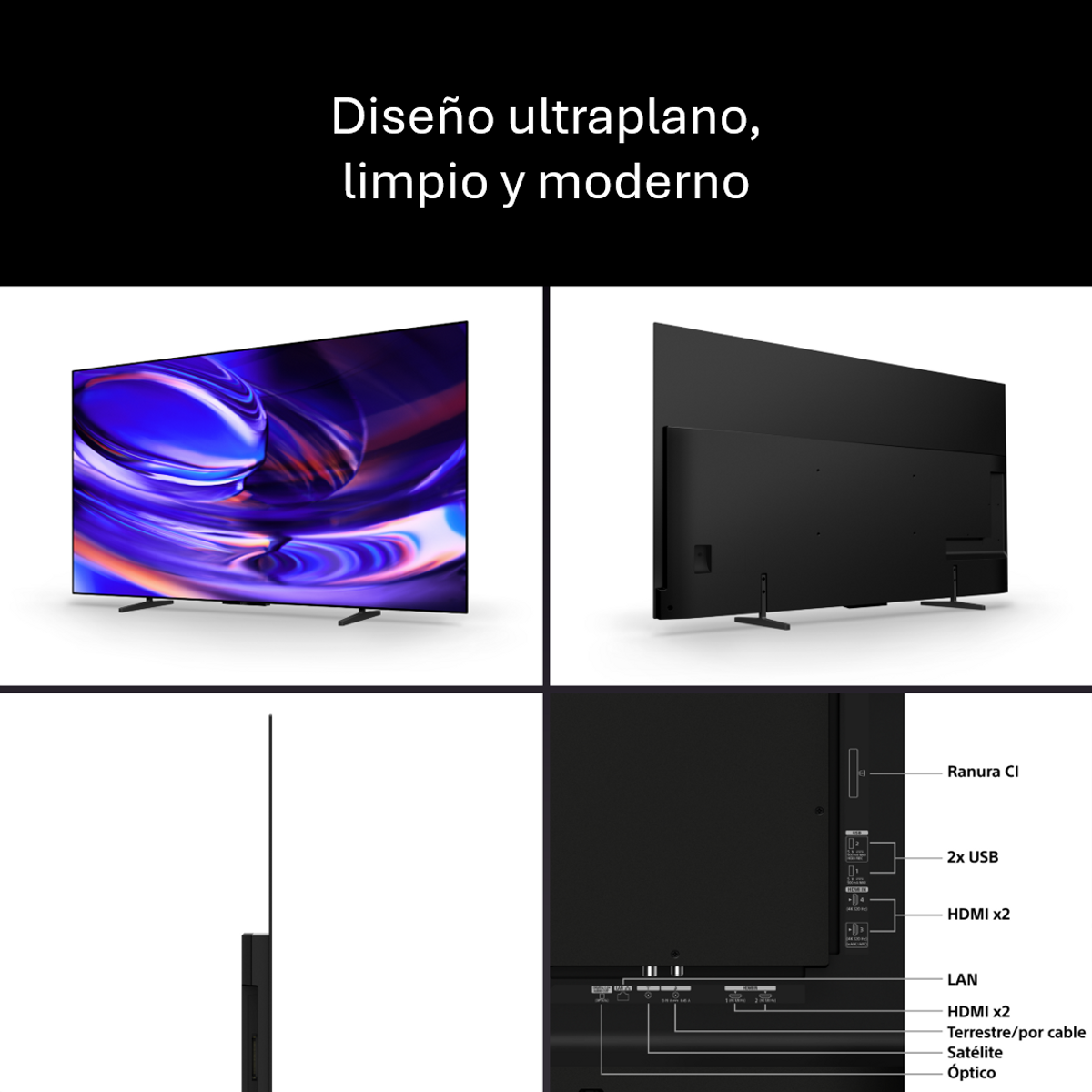 Cuatro vistas de un televisor ultra fino que muestran la pantalla, la parte trasera, el perfil y los puertos.