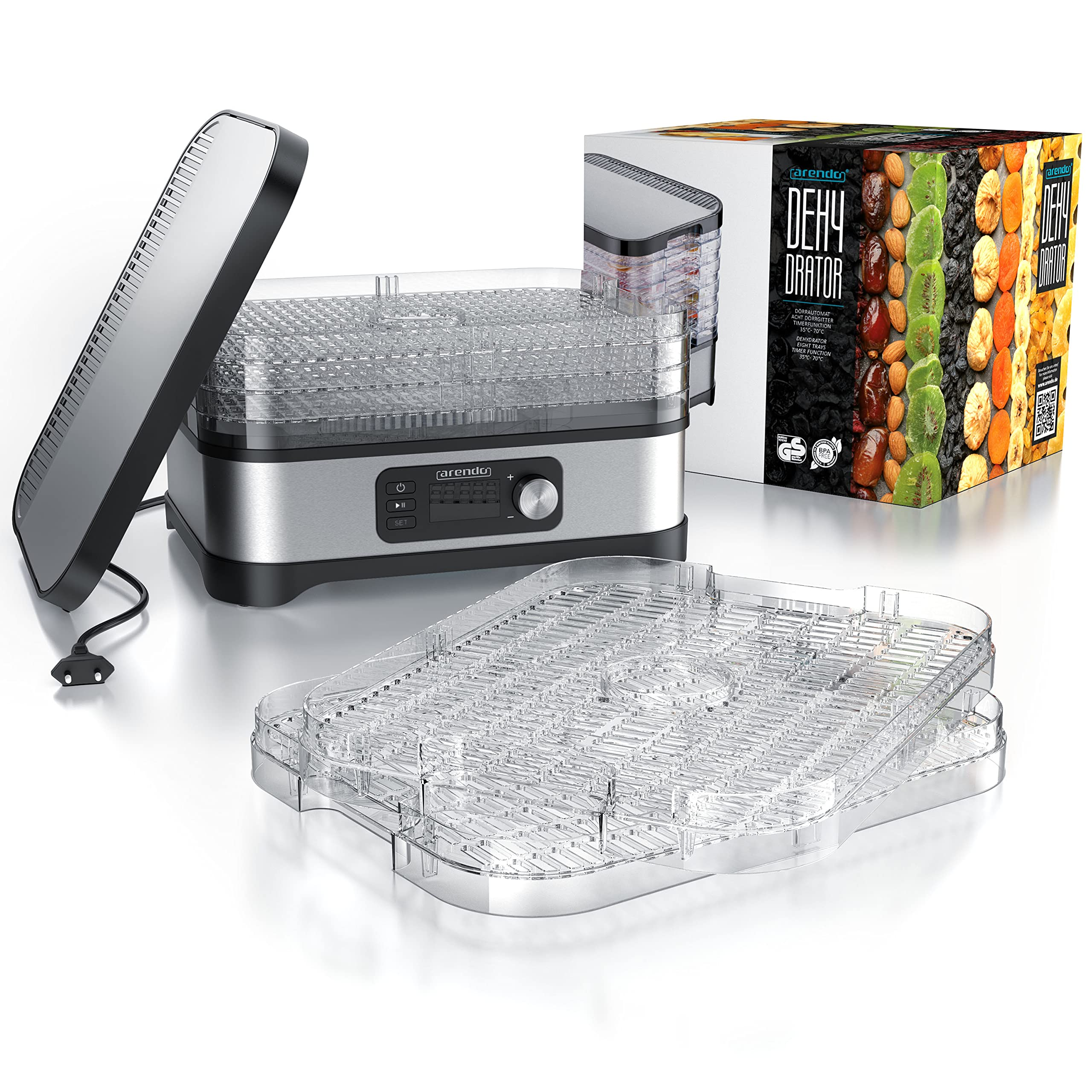 Arendo-Lebensmittelautomat mit silbernem Sockel und transparenten Etagen, daneben Verpackung und zusätzliche Böden.