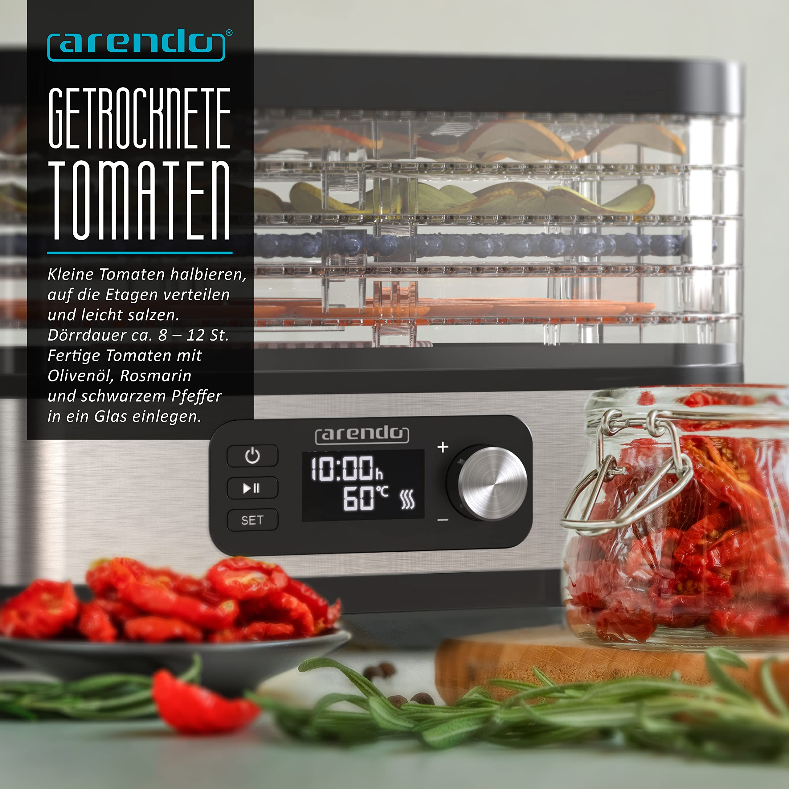 Arendo-Lebensmittelautomat mit getrockneten Tomaten, Kräutern und einem Glas voller Tomaten.