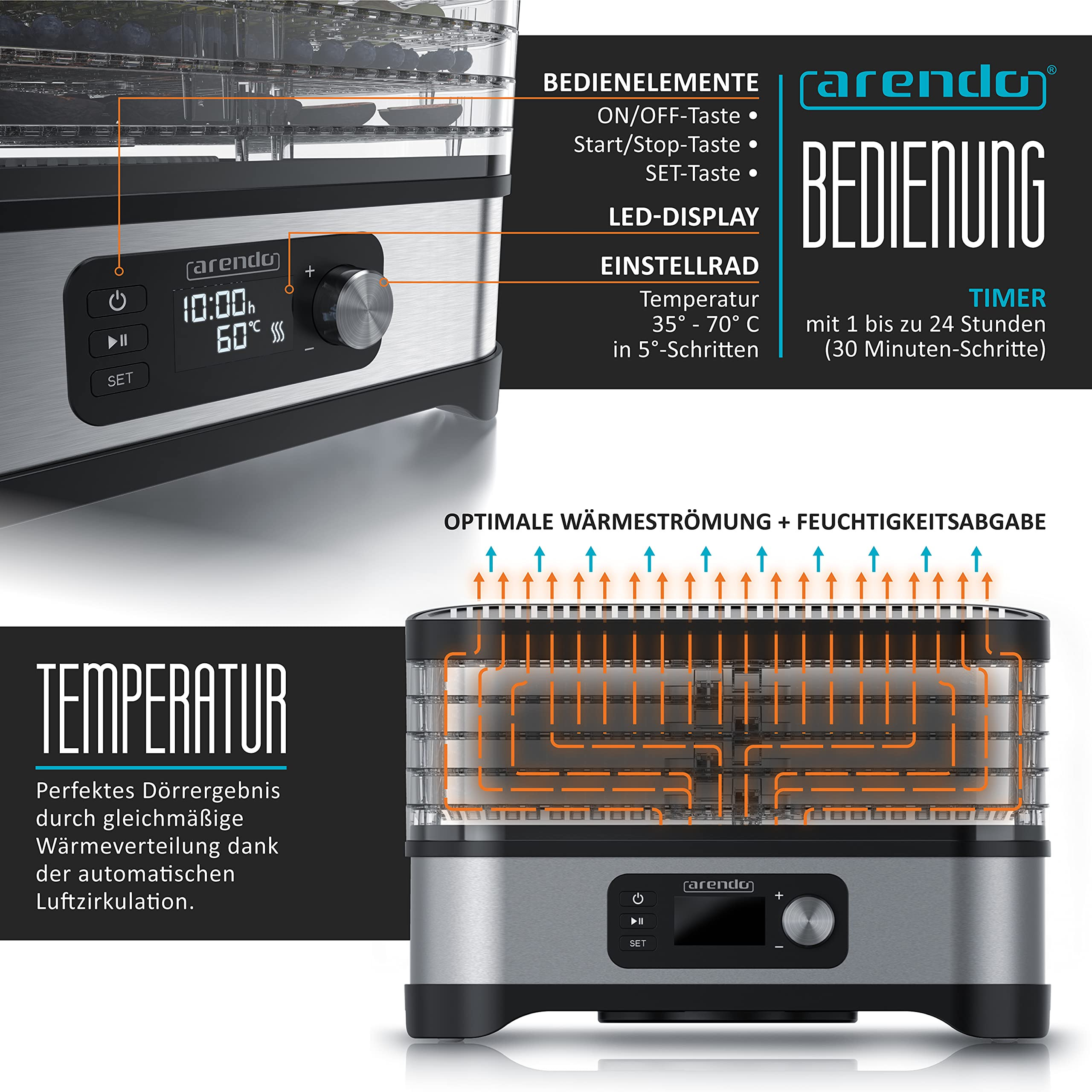 Arendo Dörrautomat mit LED-Display, Regler und Temperatur- sowie Timer-Funktionen für gleichmäßige Wärmeverteilung.