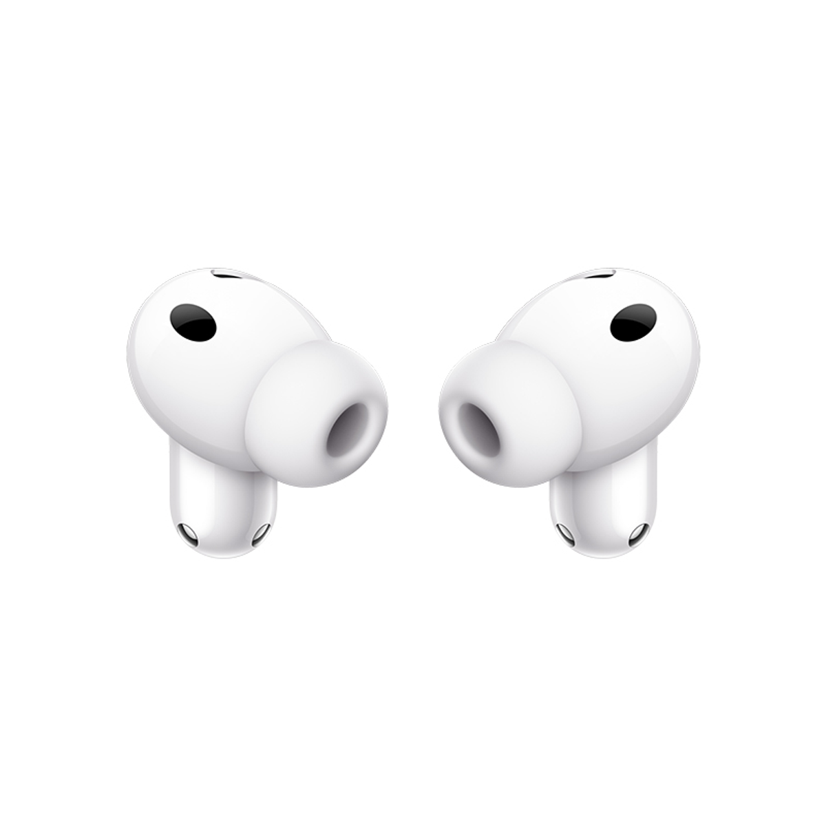 Due auricolari wireless bianchi su sfondo bianco.