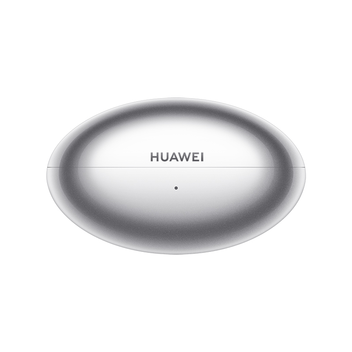 Ein silbernes, ovalen Huawei-Ladecase für Ohrhörer auf weißem Hintergrund.