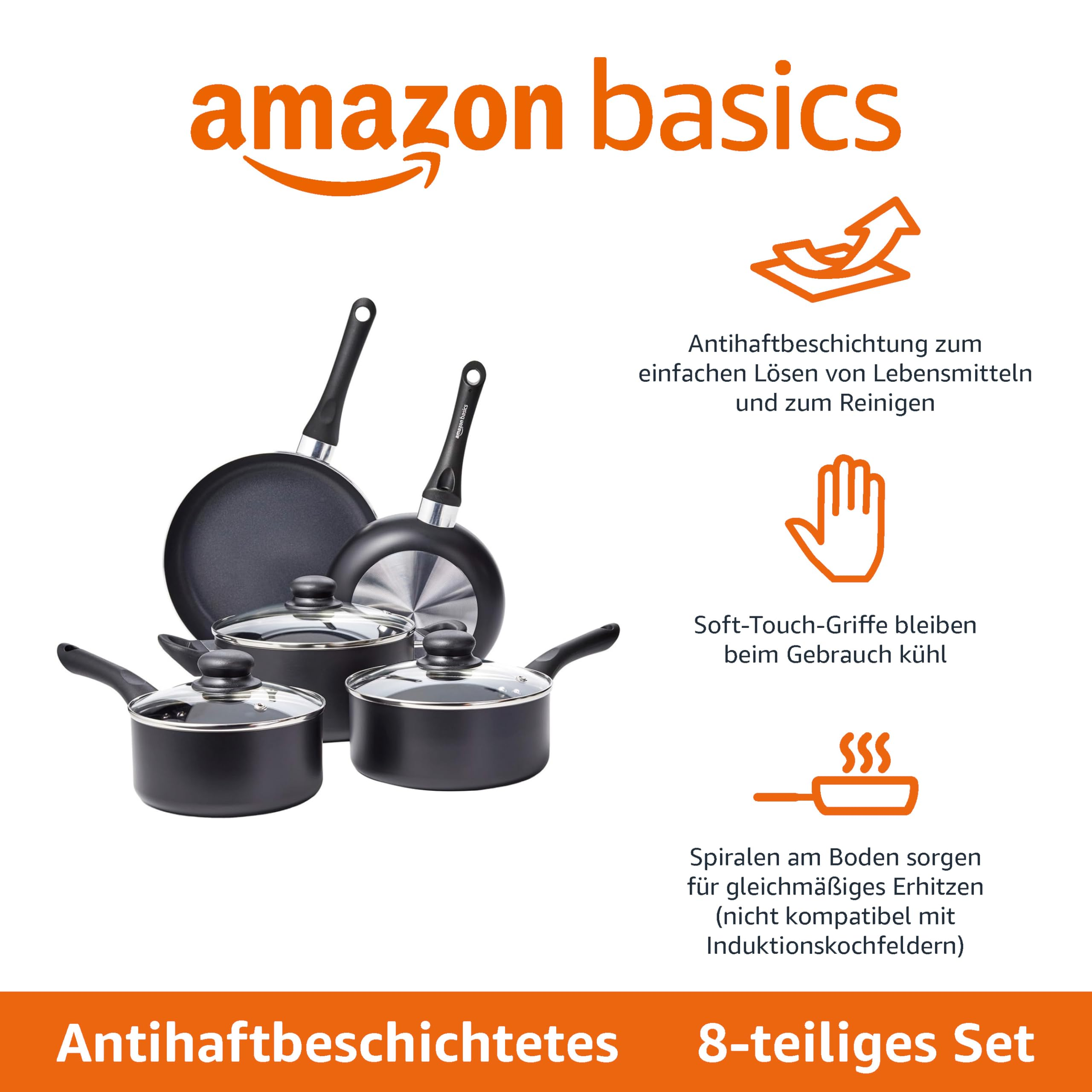 Un set di pentole e padelle nere Amazon Basics da 8 pezzi con coperchi in vetro e testo esplicativo.