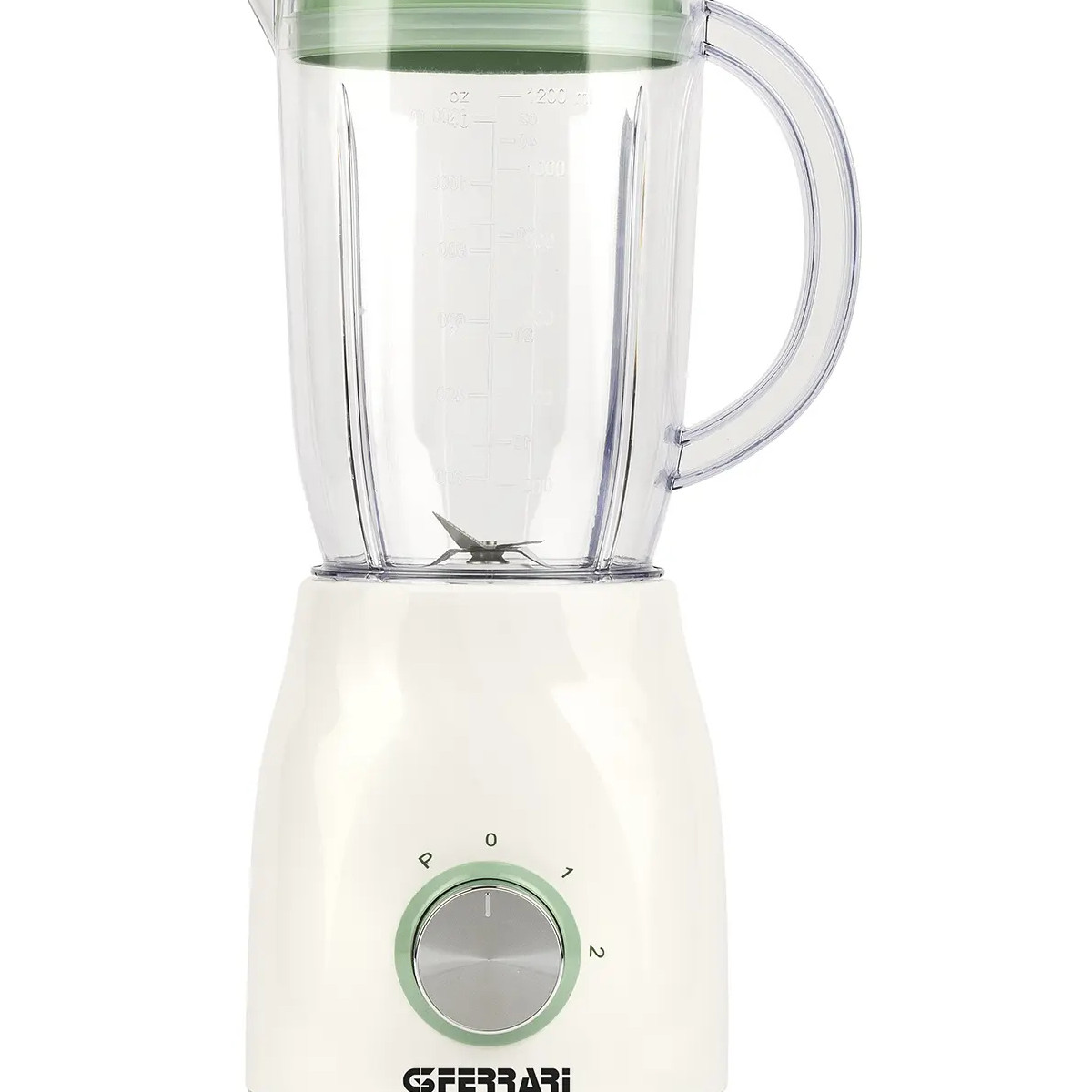 Un frullatore elettrico bianco con coperchio verde e manopola su base bianca con sfondo bianco.