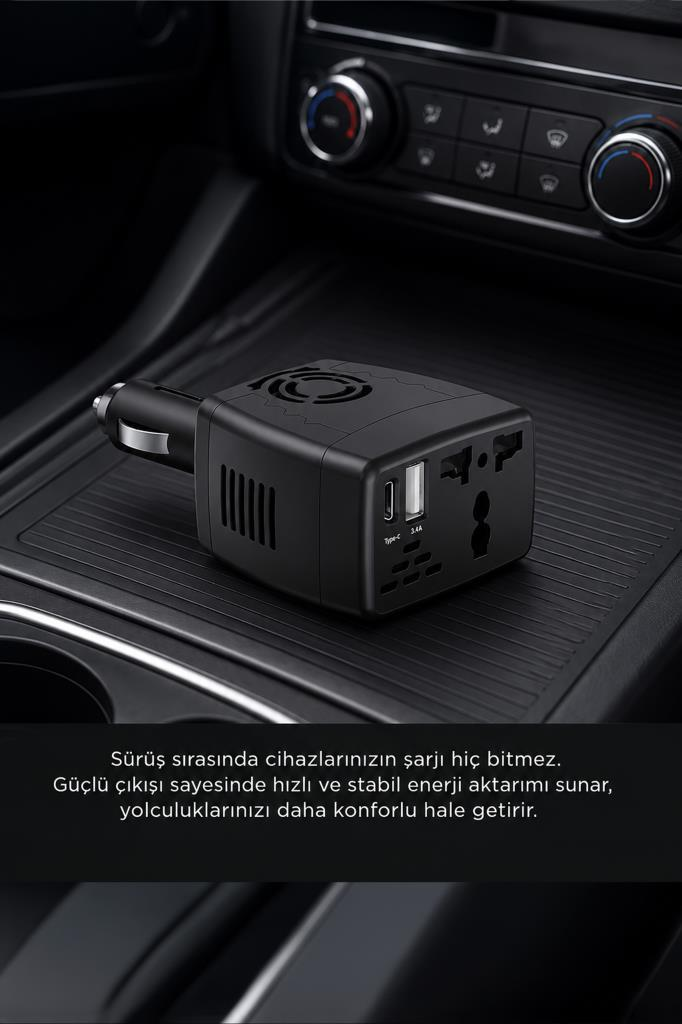 Araç konsolunda takılı, USB portlu siyah araç priz dönüştürücü.