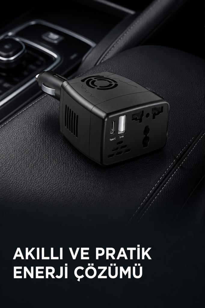 Siyah araç içi inverter, USB portları ve priziyle karanlık konsol üzerinde duruyor.
