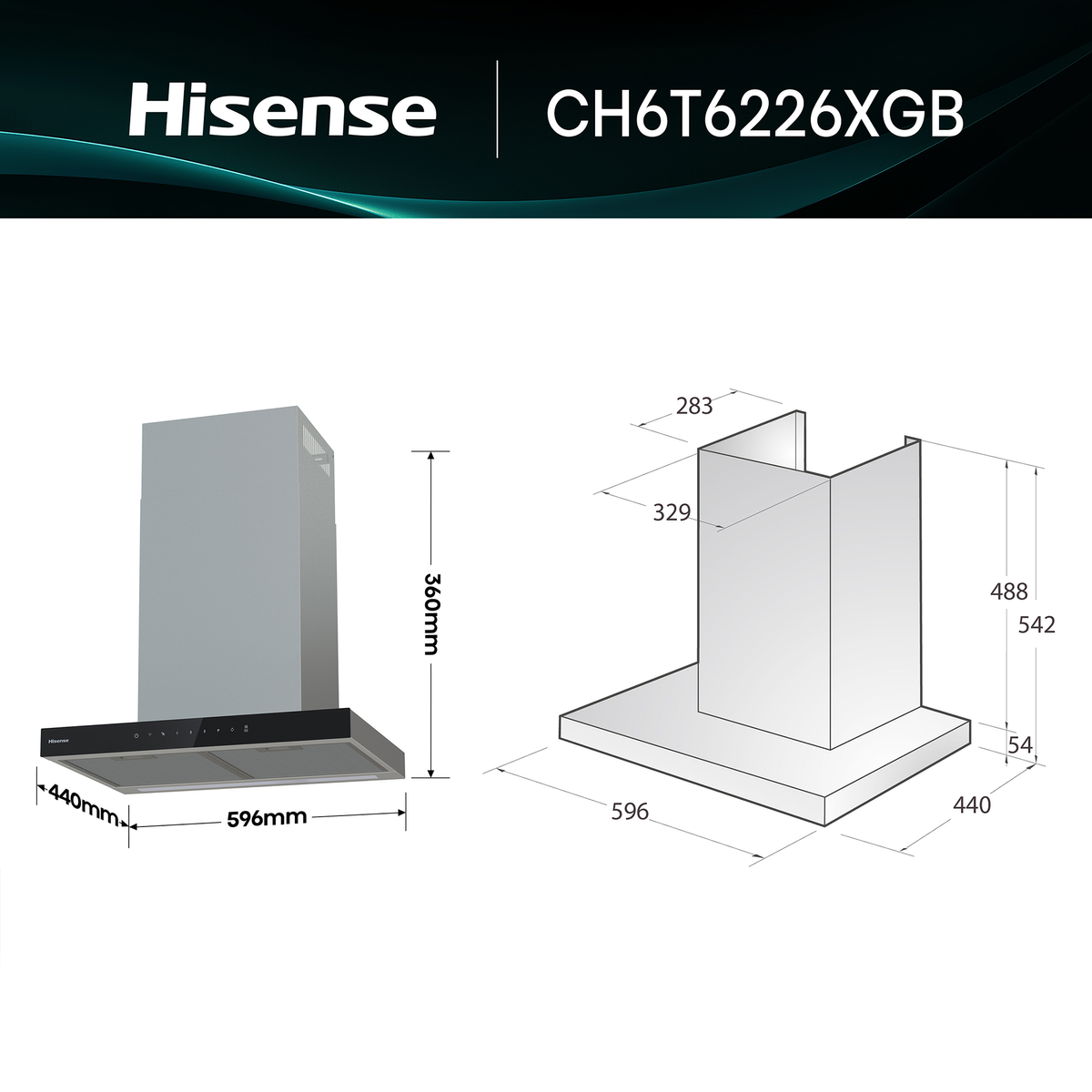 Dibujo técnico con dimensiones de la campana extractora Hisense CH6T6226XGB.