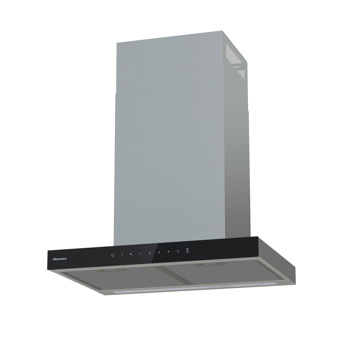 Una campana extractora de cocina moderna de acero inoxidable con panel táctil negro y filtros.