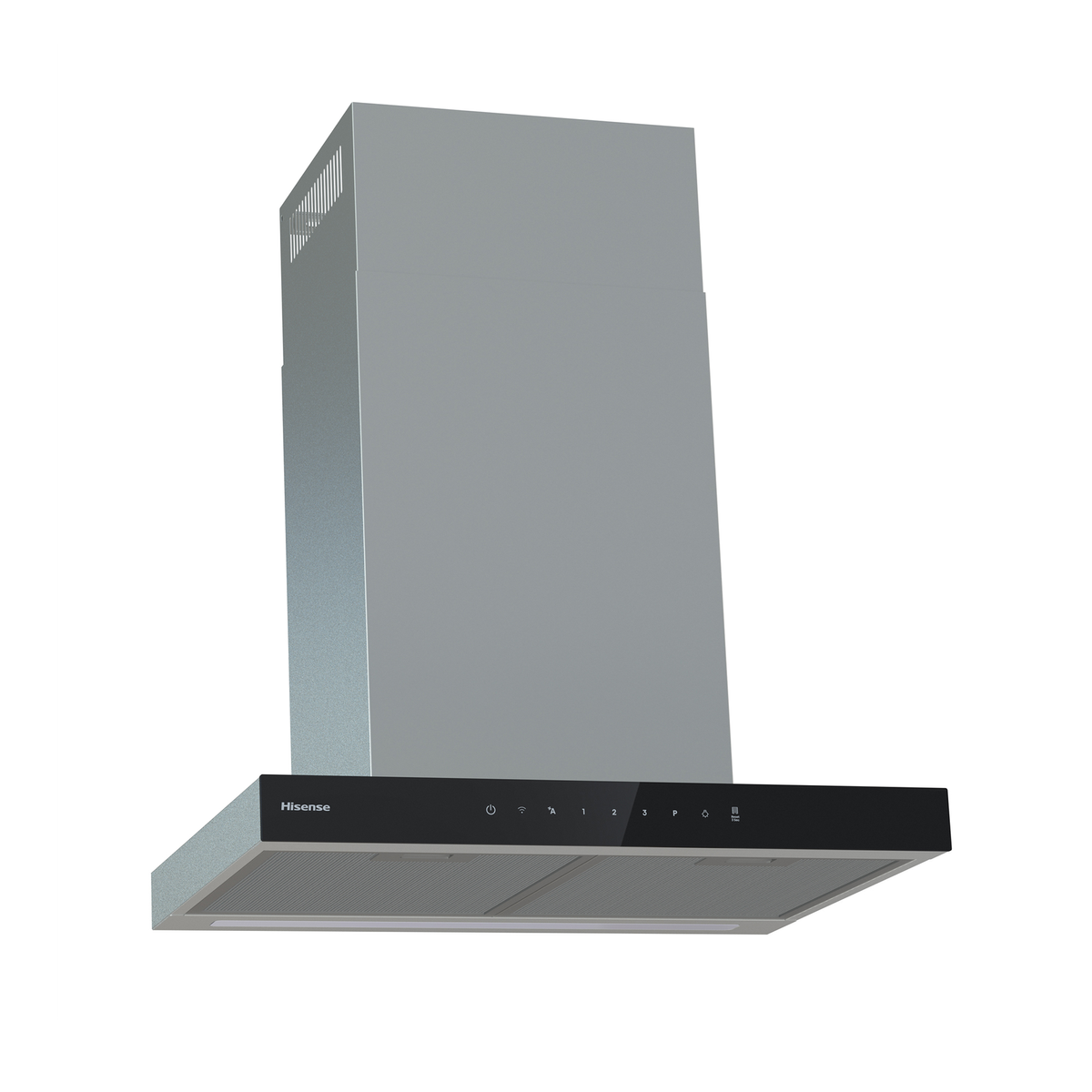 Moderna campana extractora gris con panel táctil negro sobre fondo blanco.