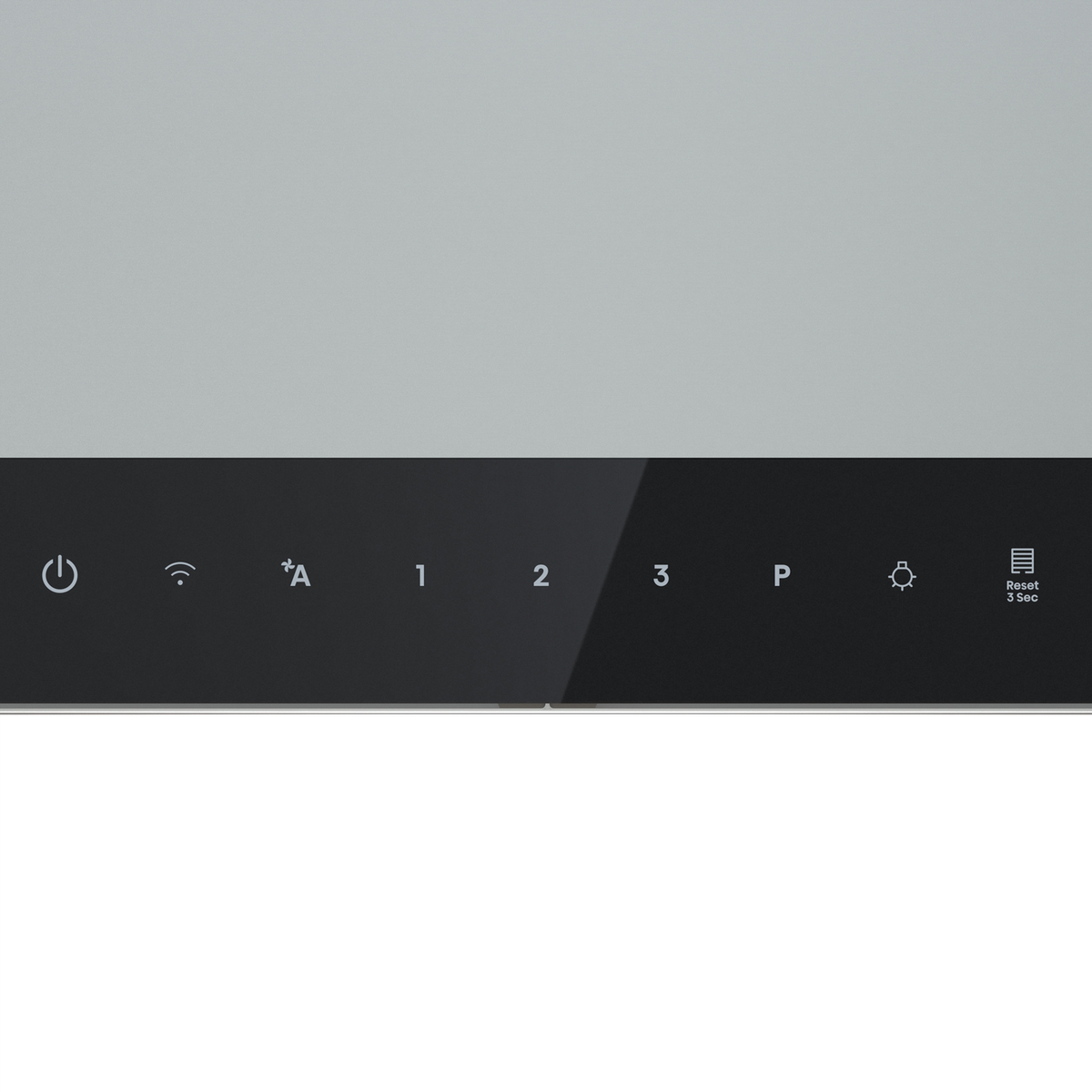 Un panel táctil negro con iconos de encendido, wifi, velocidades 1-3, P, luz y reinicio de filtro.