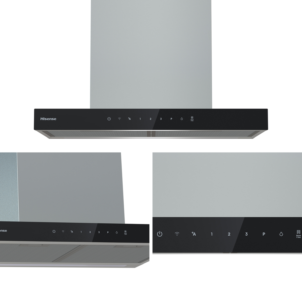 Campana extractora Hisense con panel de control táctil negro y chimenea plateada desde tres ángulos.