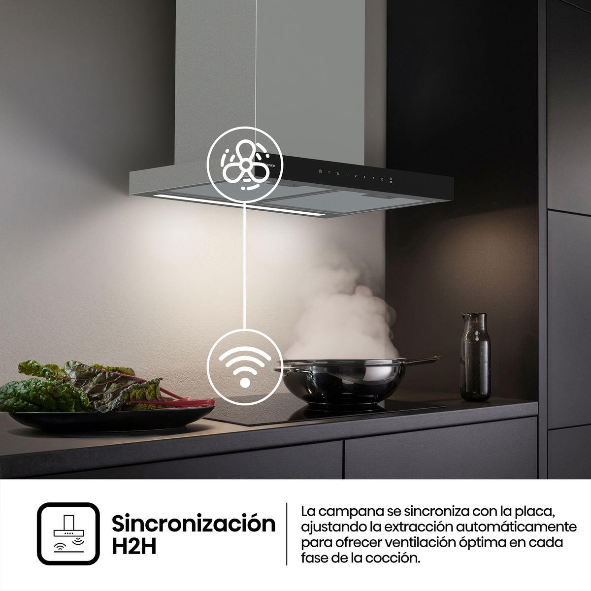 Campana extractora moderna sobre placa humeante, conectada con icono Wi-Fi para ventilación automática.