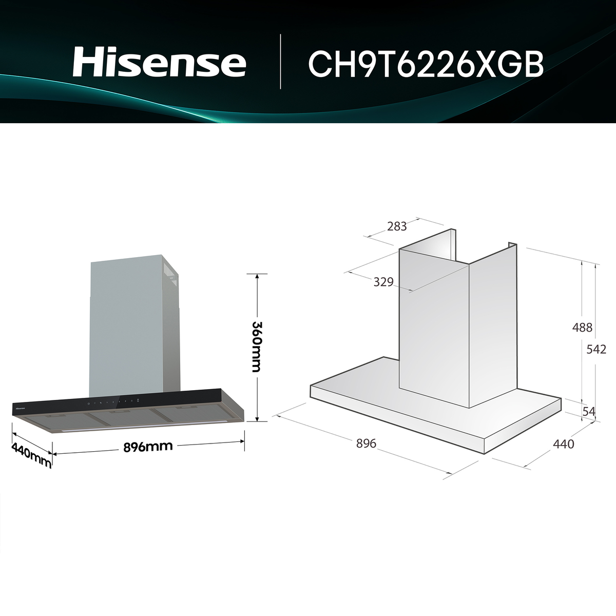 Dibujo técnico con dimensiones de la campana extractora Hisense CH9T6226XGB.