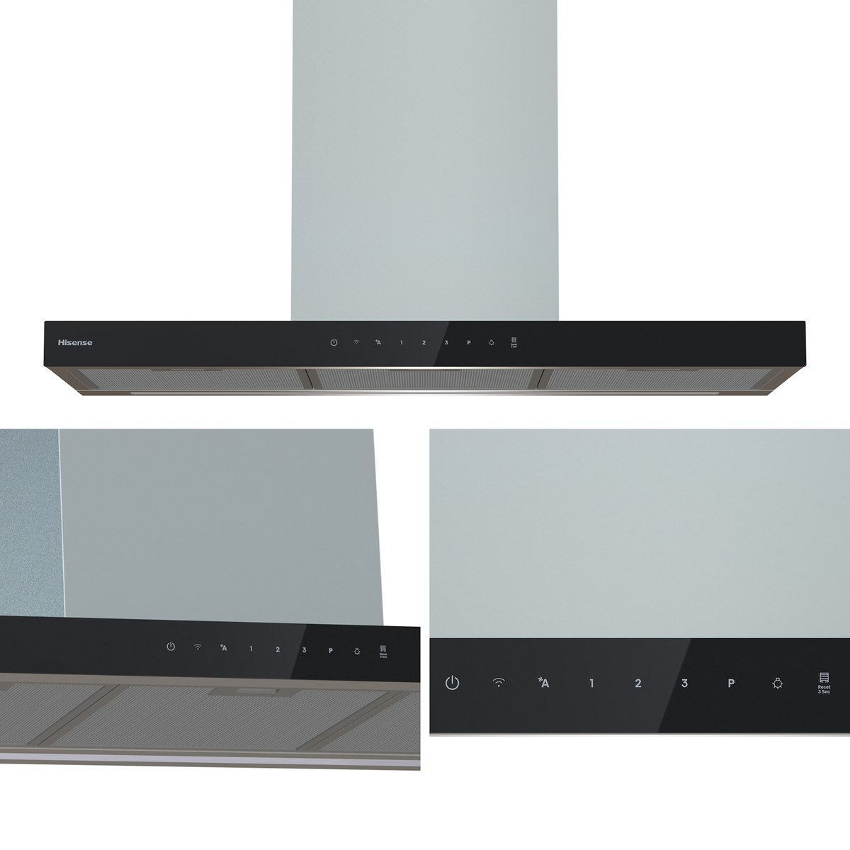 Una campana extractora Hisense negra y plateada con controles táctiles y pantalla digital.