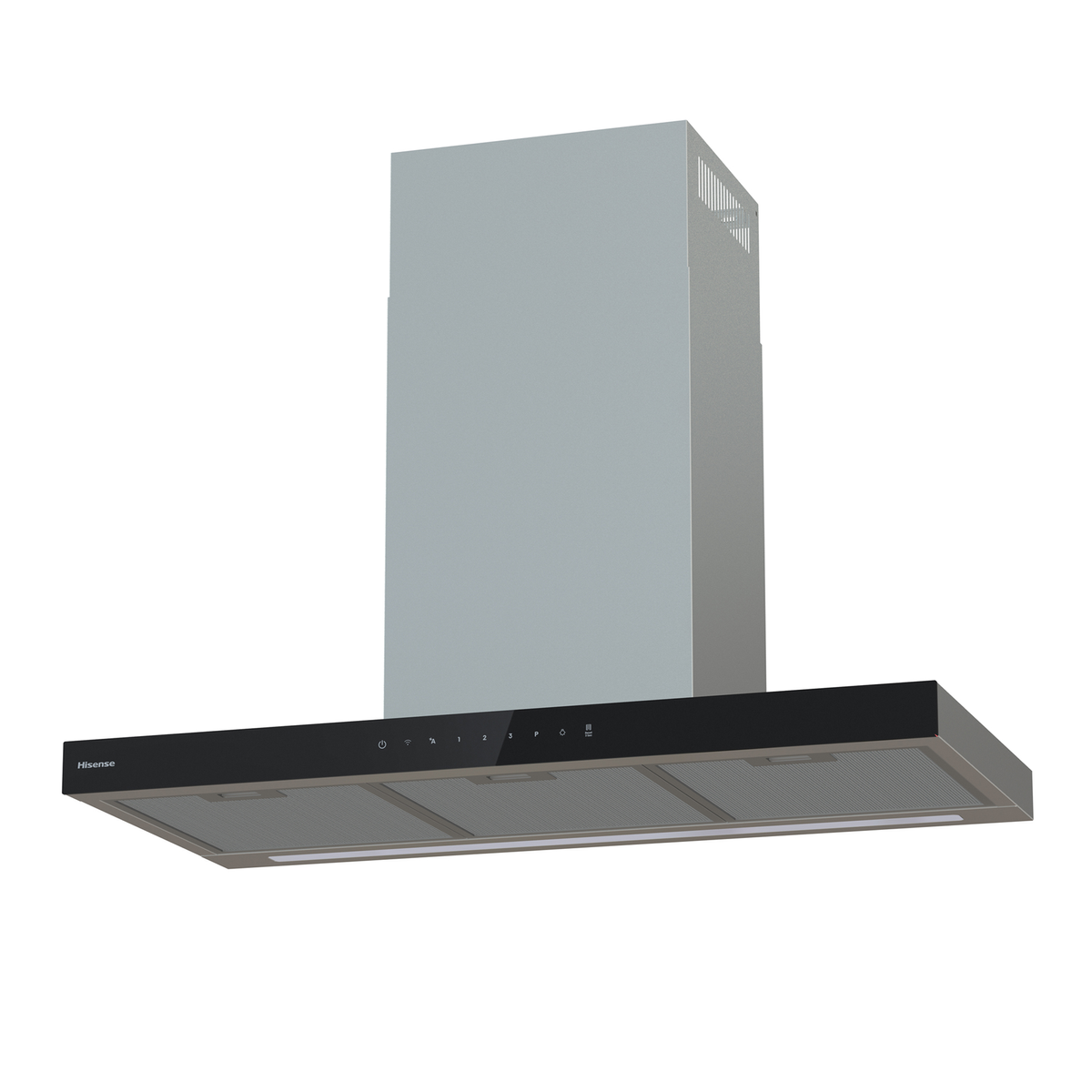 Moderna campana extractora de acero inoxidable con panel de vidrio negro y controles táctiles sobre fondo blanco.