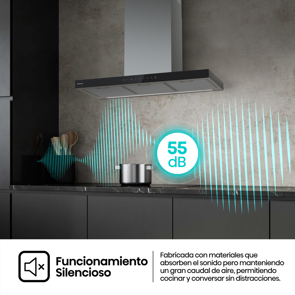 Una campana extractora moderna con ondas de sonido indicando 55 dB de funcionamiento silencioso.