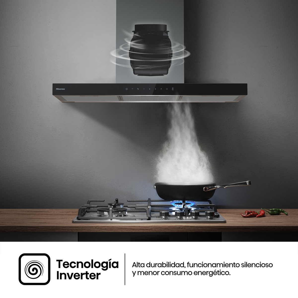 Una campana extractora sobre una estufa extrae el vapor de una sartén. Texto sobre tecnología Inverter.