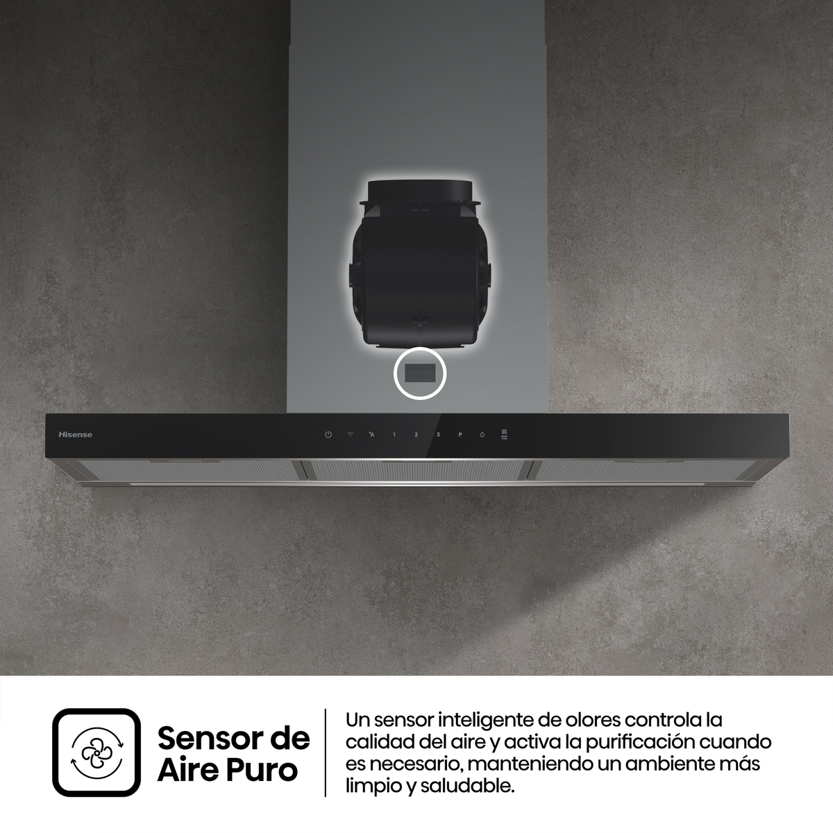 Campana extractora Hisense negra con icono de sensor de aire y texto en español sobre purificación automática.