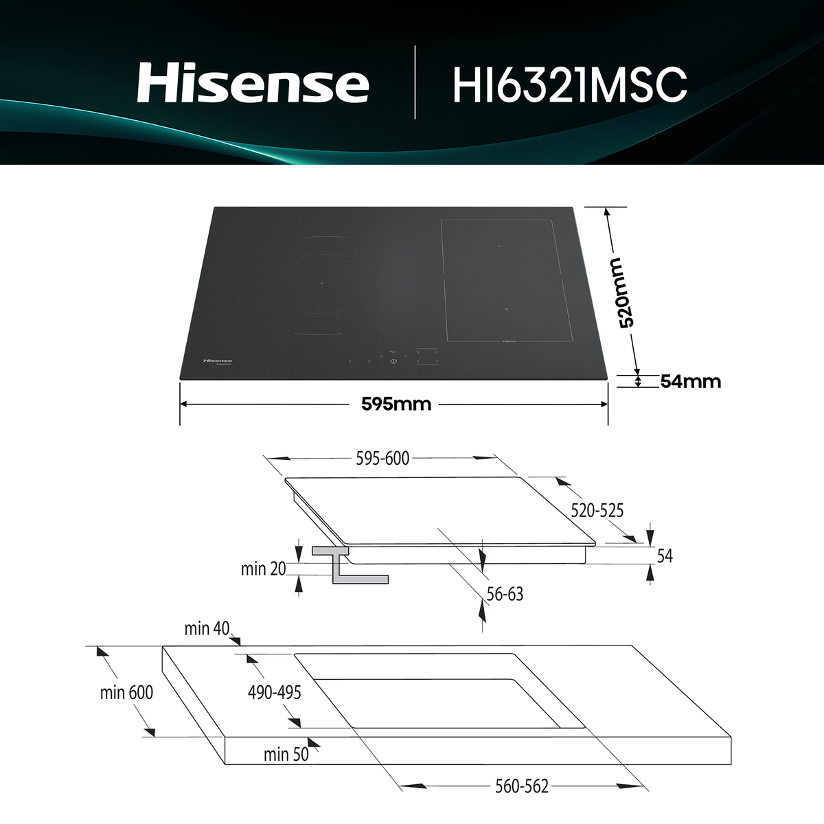Dibujo técnico y dimensiones de la placa de inducción Hisense HI6321MSC.