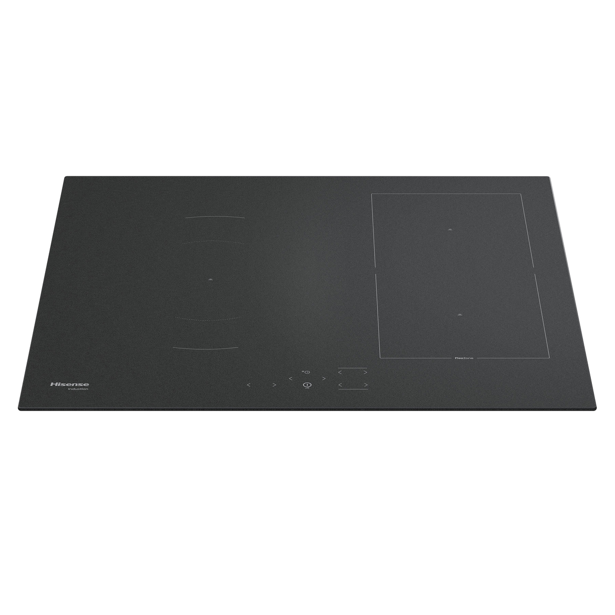 Una placa de inducción Hisense negra con controles táctiles y múltiples zonas de cocción sobre fondo blanco.