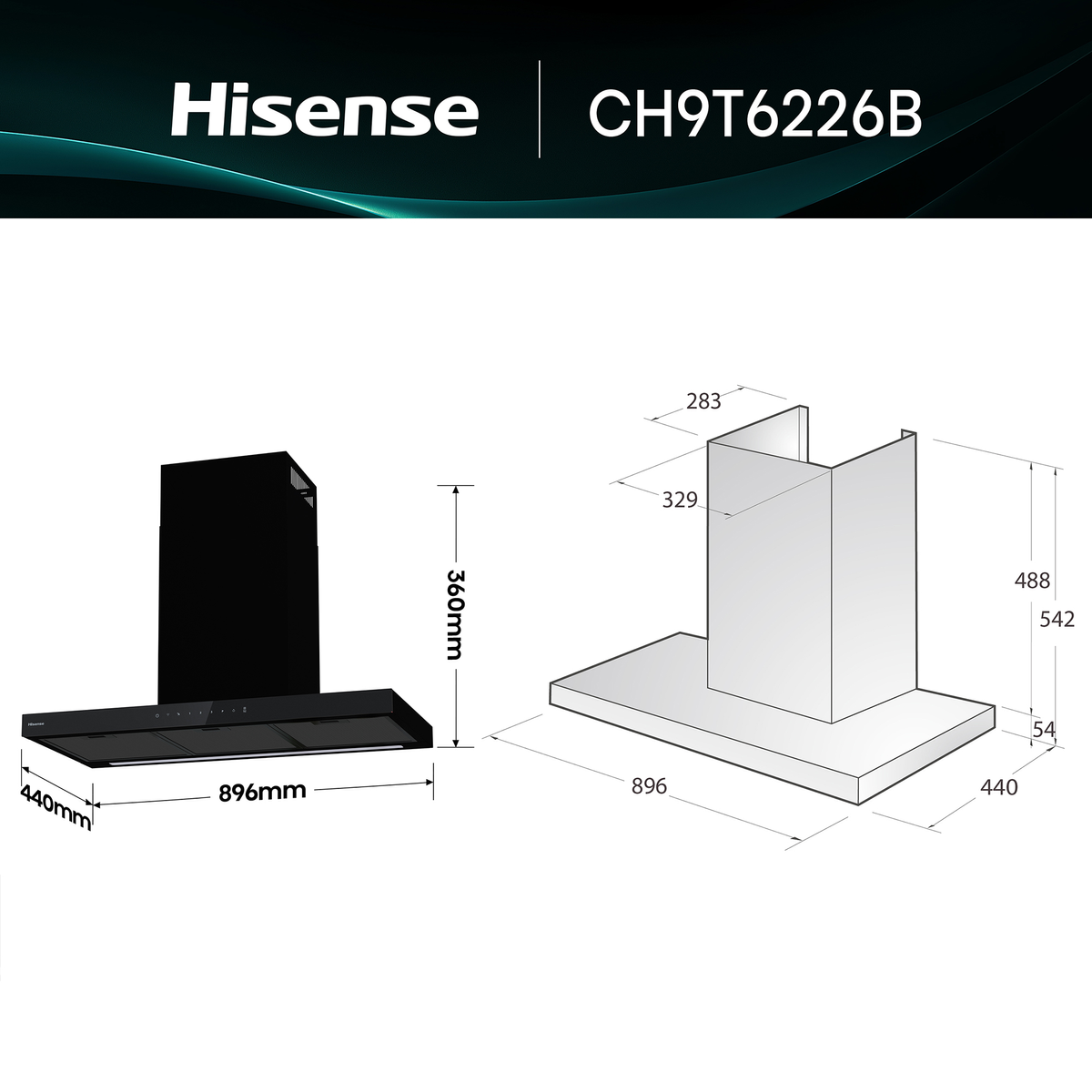 Dibujo técnico de la campana extractora Hisense CH9T6226B con dimensiones en milímetros.