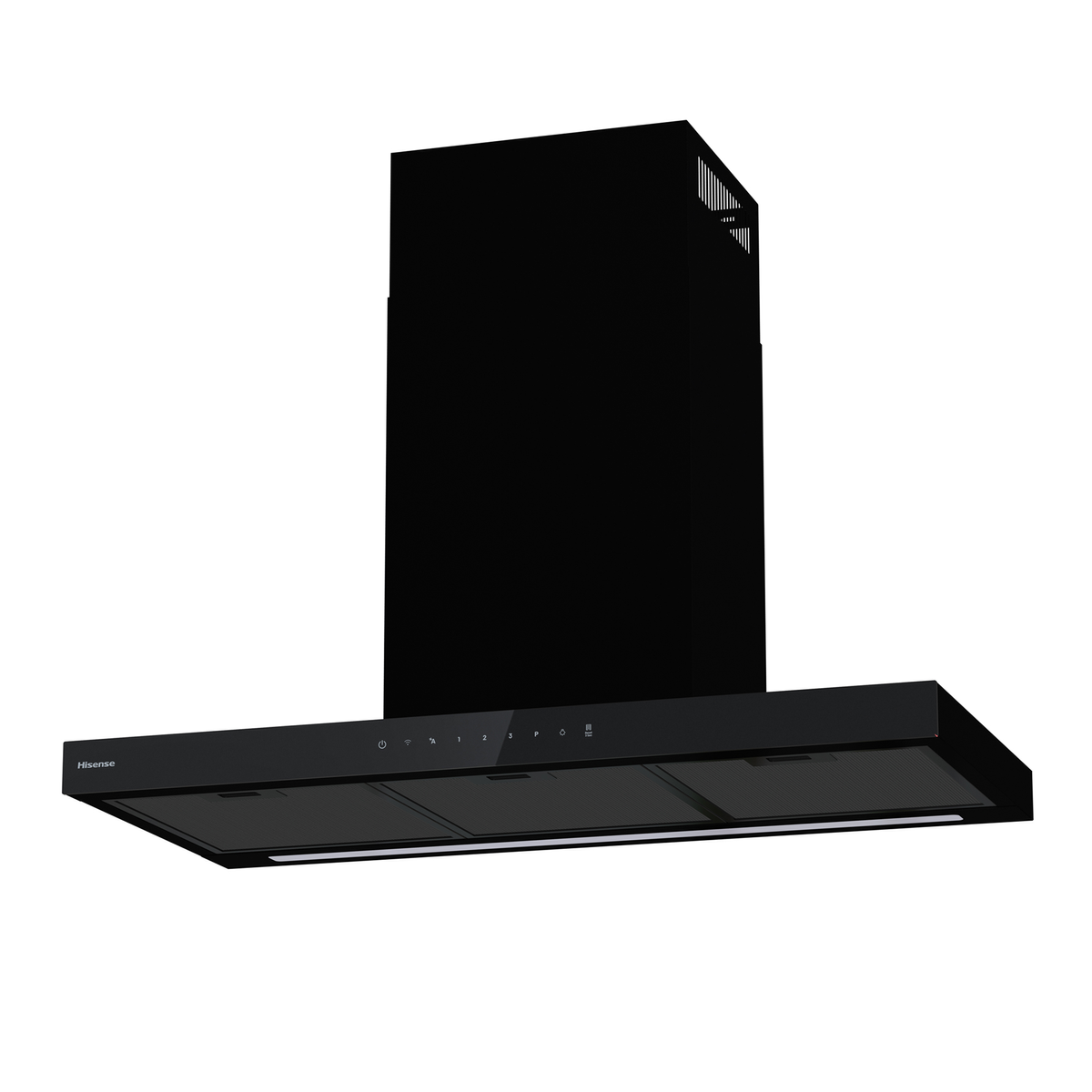 Una campana extractora Hisense negra sobre fondo blanco, con panel de control táctil e iluminación integrada.