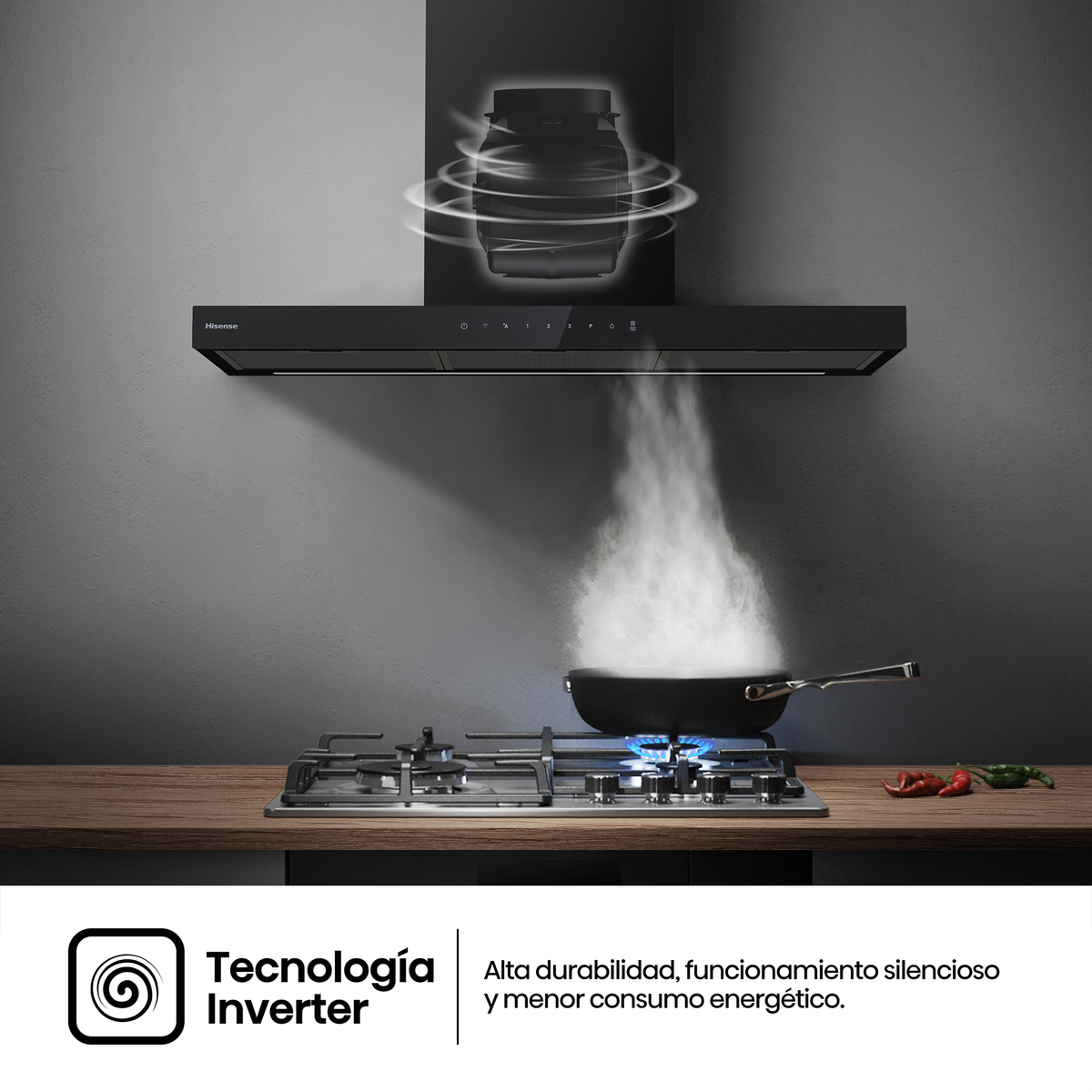 Campana extractora negra sobre cocina de gas con sartén y vapor. Texto en esquinas inferiores.