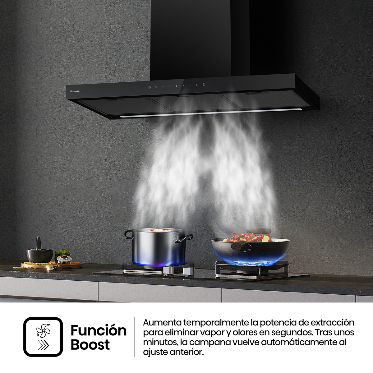Campana extractora negra sobre una placa con una olla y sartén emitiendo vapor.