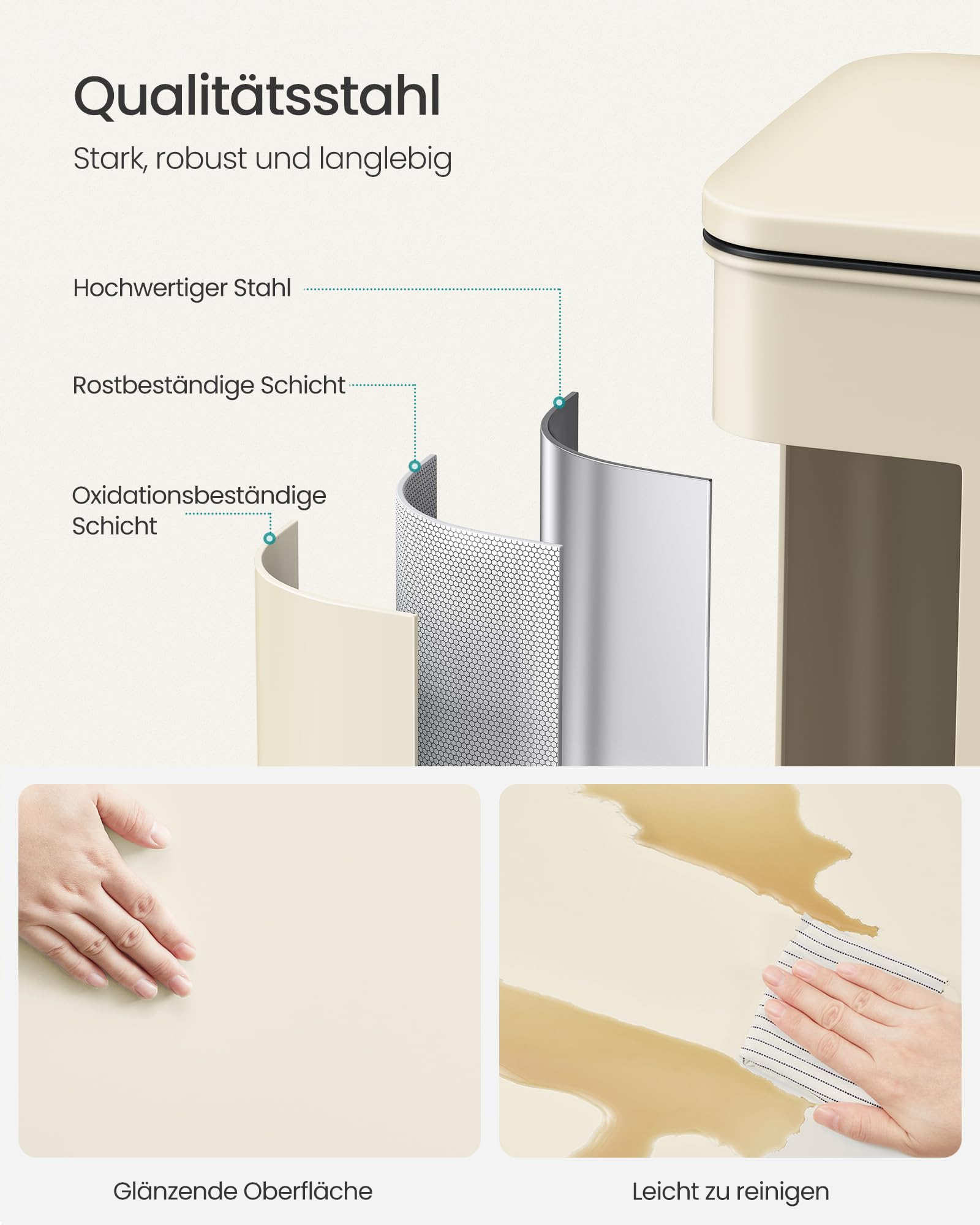 Diagramm mit Stahlschichten, glänzender Oberfläche und Reinigungsdemo für einen cremefarbenen Eimer.