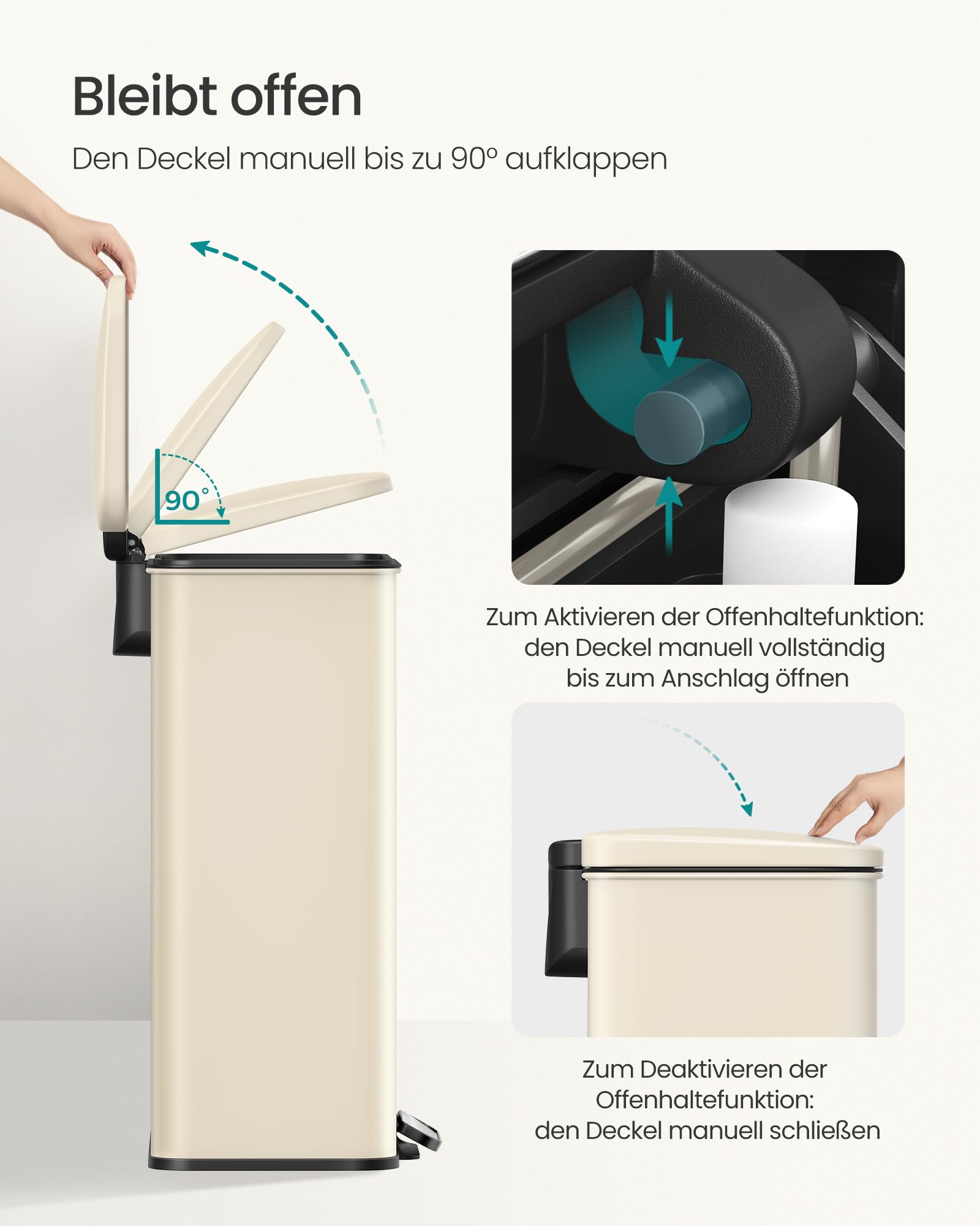 Anleitung zum manuellen Offenhalten des Mülleimerdeckels bei 90 Grad.