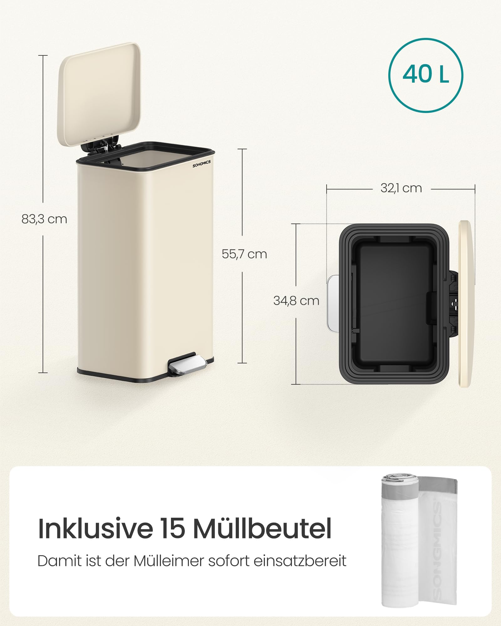 Beige 40L Treteimer mit Maßen und 15 Müllbeuteln.