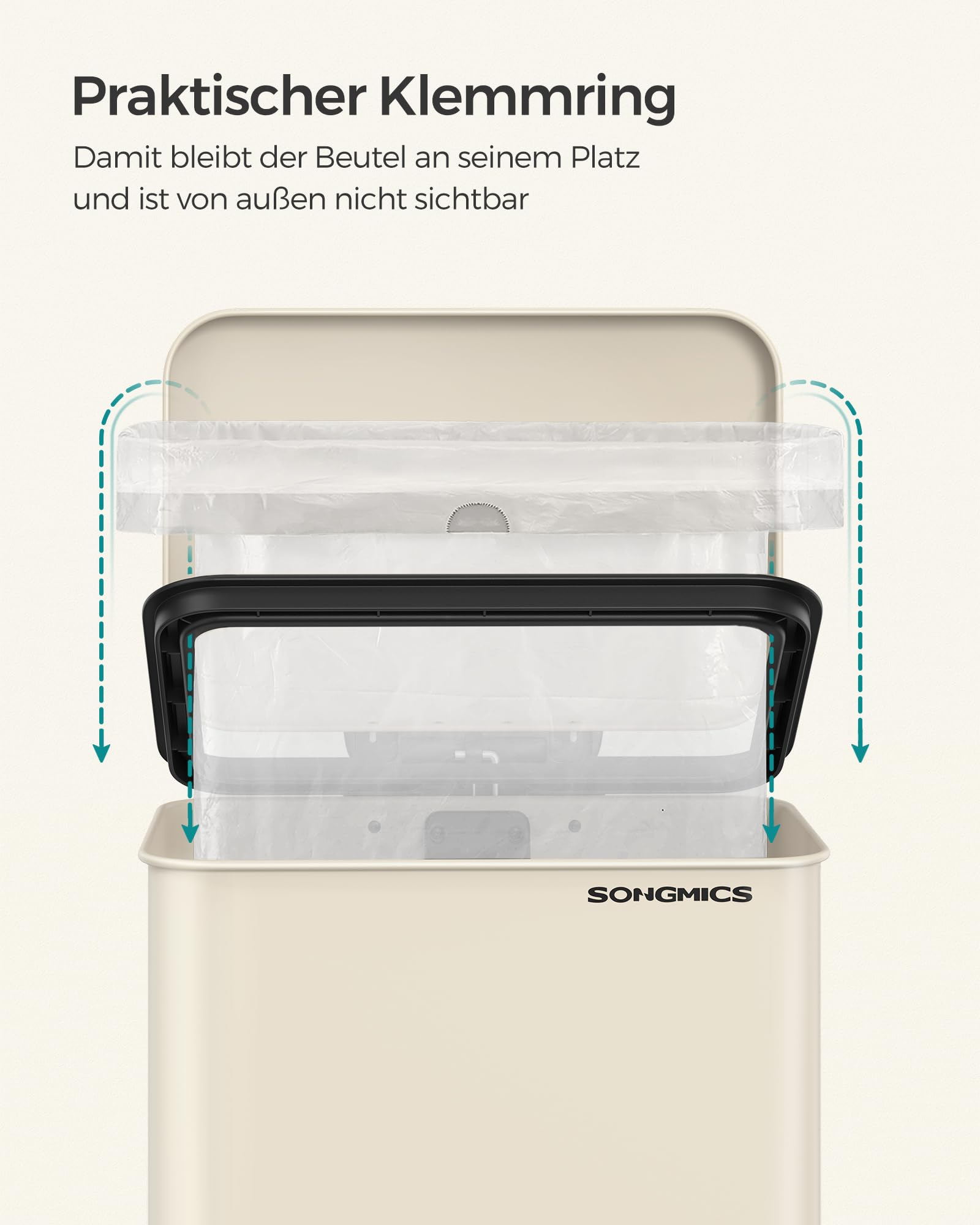 Beige Mülltonne mit einem schwarzen Klemmring, der den Beutel sicher hält und verbirgt.