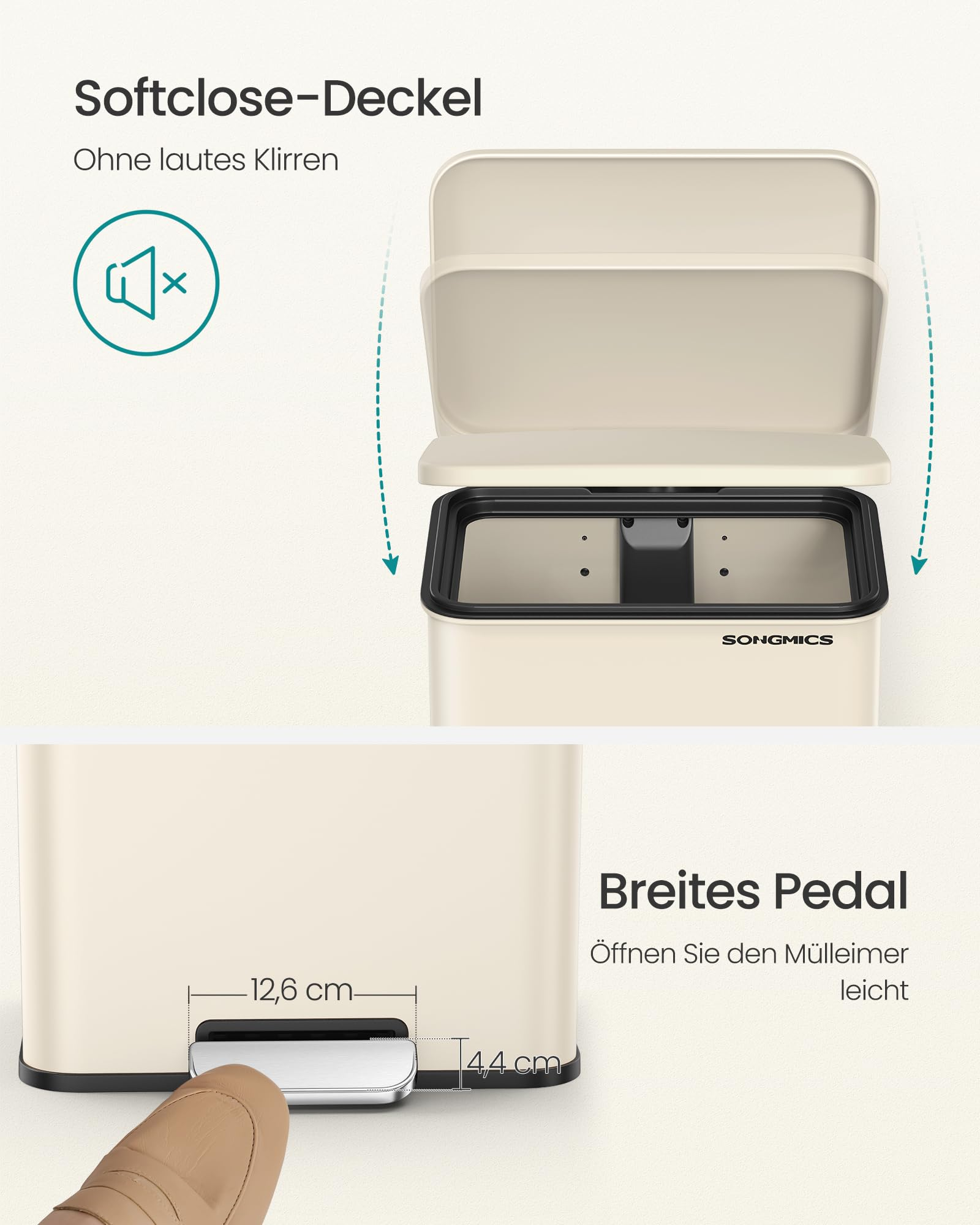 Beige Mülltonne mit Soft-Close-Deckel und breitem Fußpedal.