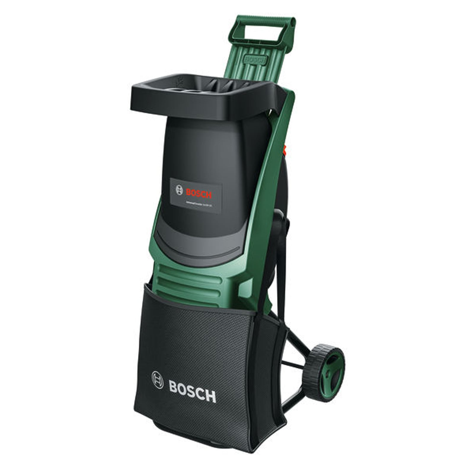 Un biotrituratore da giardino Bosch verde e nero su due piccole ruote, con sacco di raccolta.