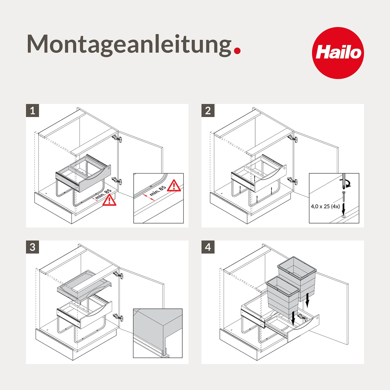 Montageanleitung für ein Hailo-Abfallsystem in vier Schritten mit Zeichnungen.