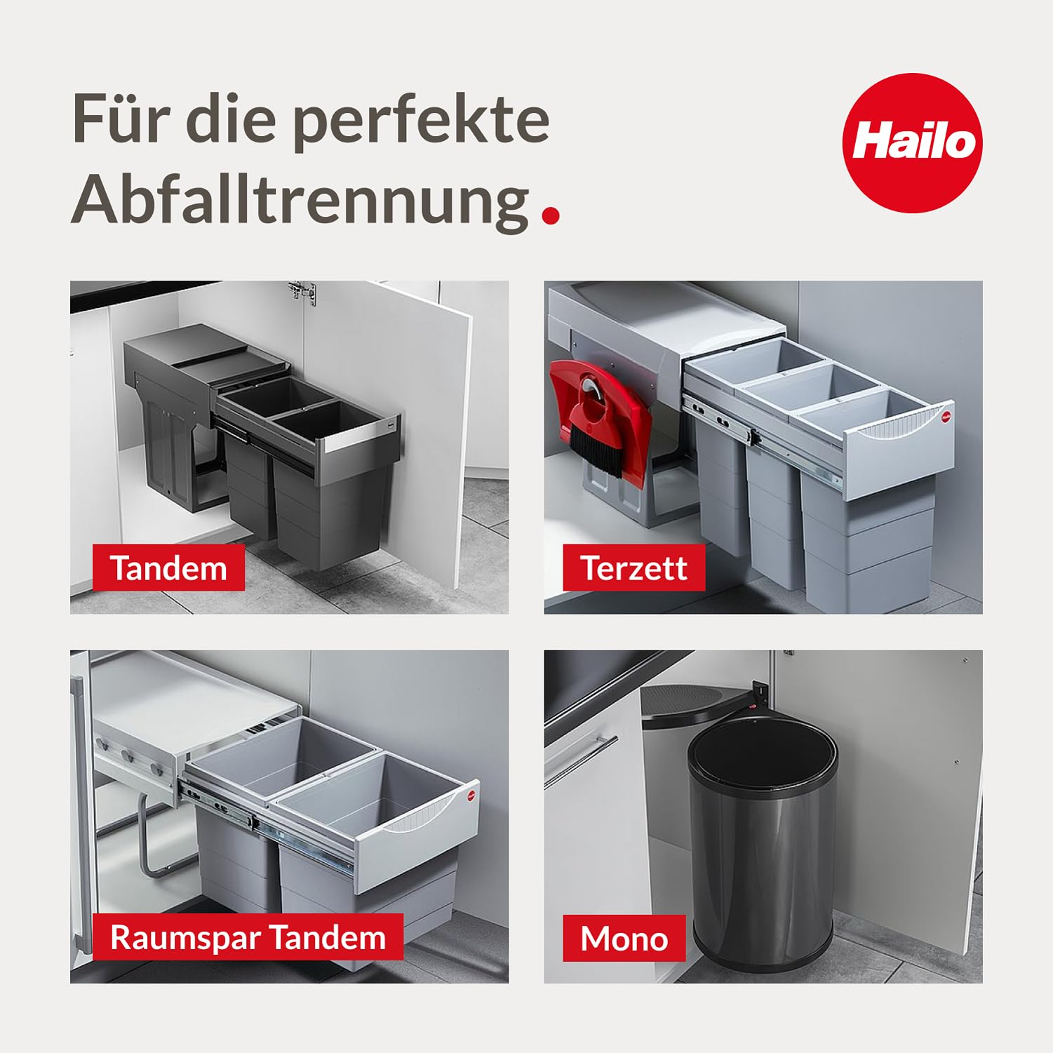 Werbebild für Hailo Mülleimer mit vier verschiedenen Abfallsystemen: Tandem, Terzett, Raumspar Tandem und Mono.