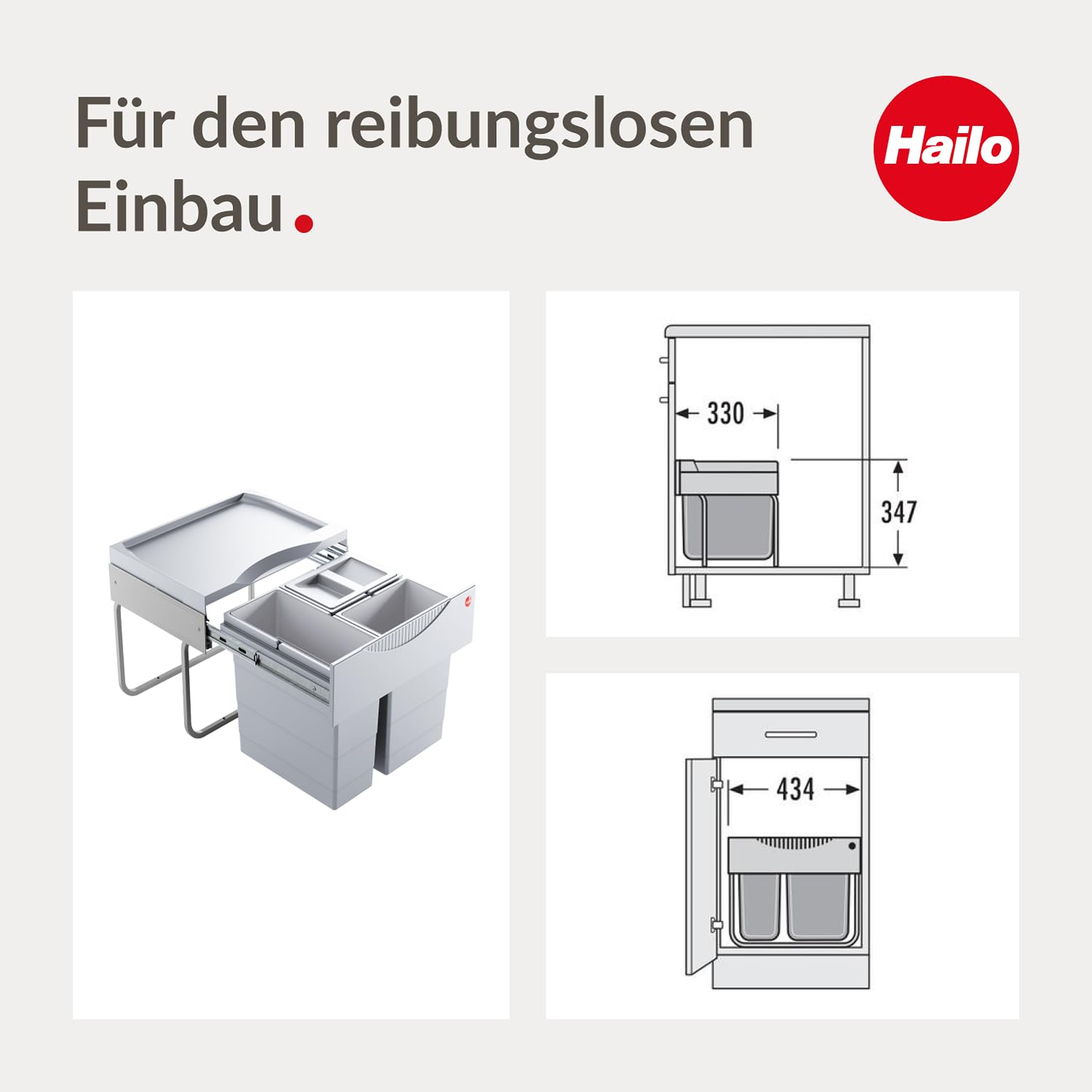 Technische Zeichnung und 3D-Darstellung eines Hailo-Mülleimersystems mit Einbaumaßen und Komponenten.