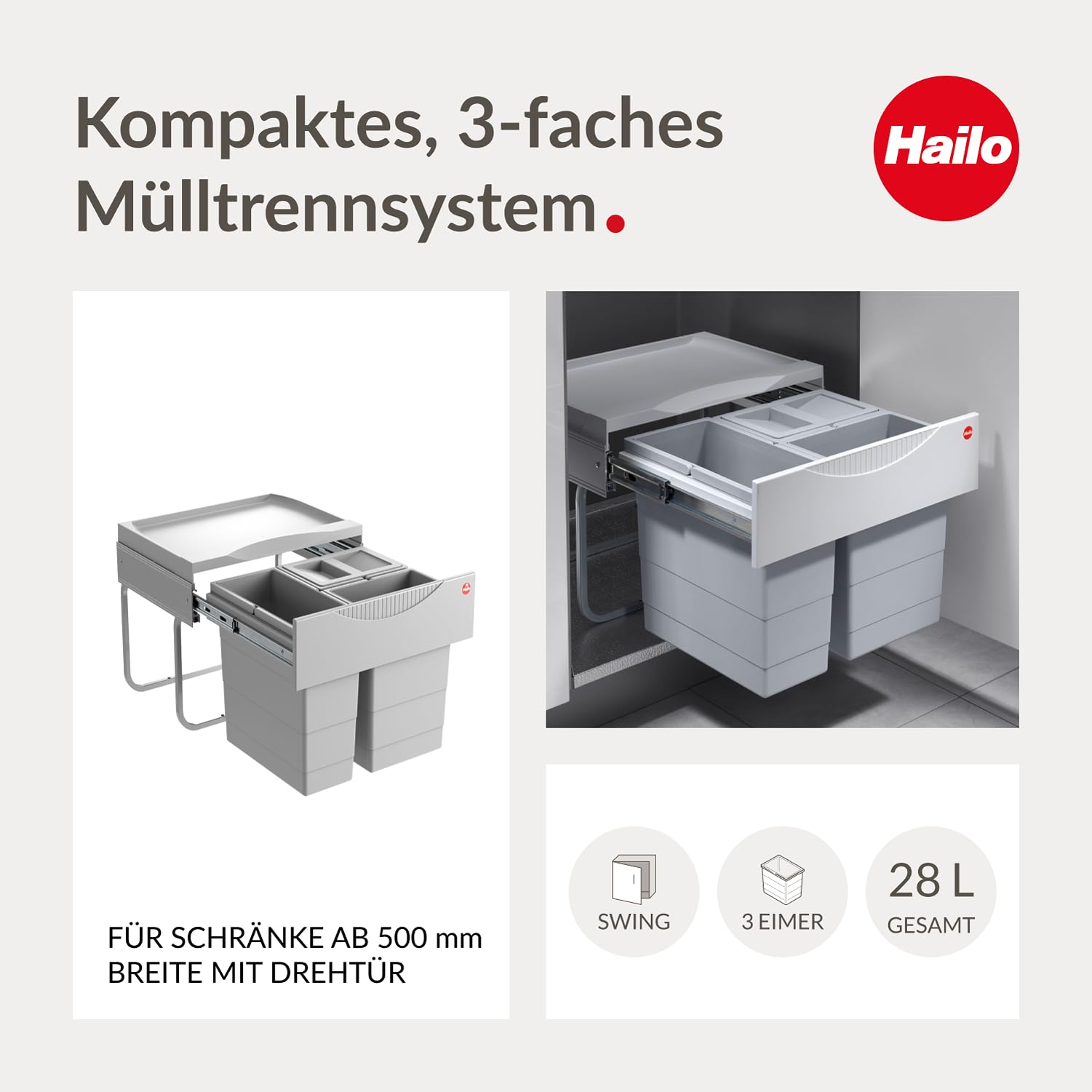 Hailo Mülltrennsystem mit drei Eimern für Schränke ab 500 mm.