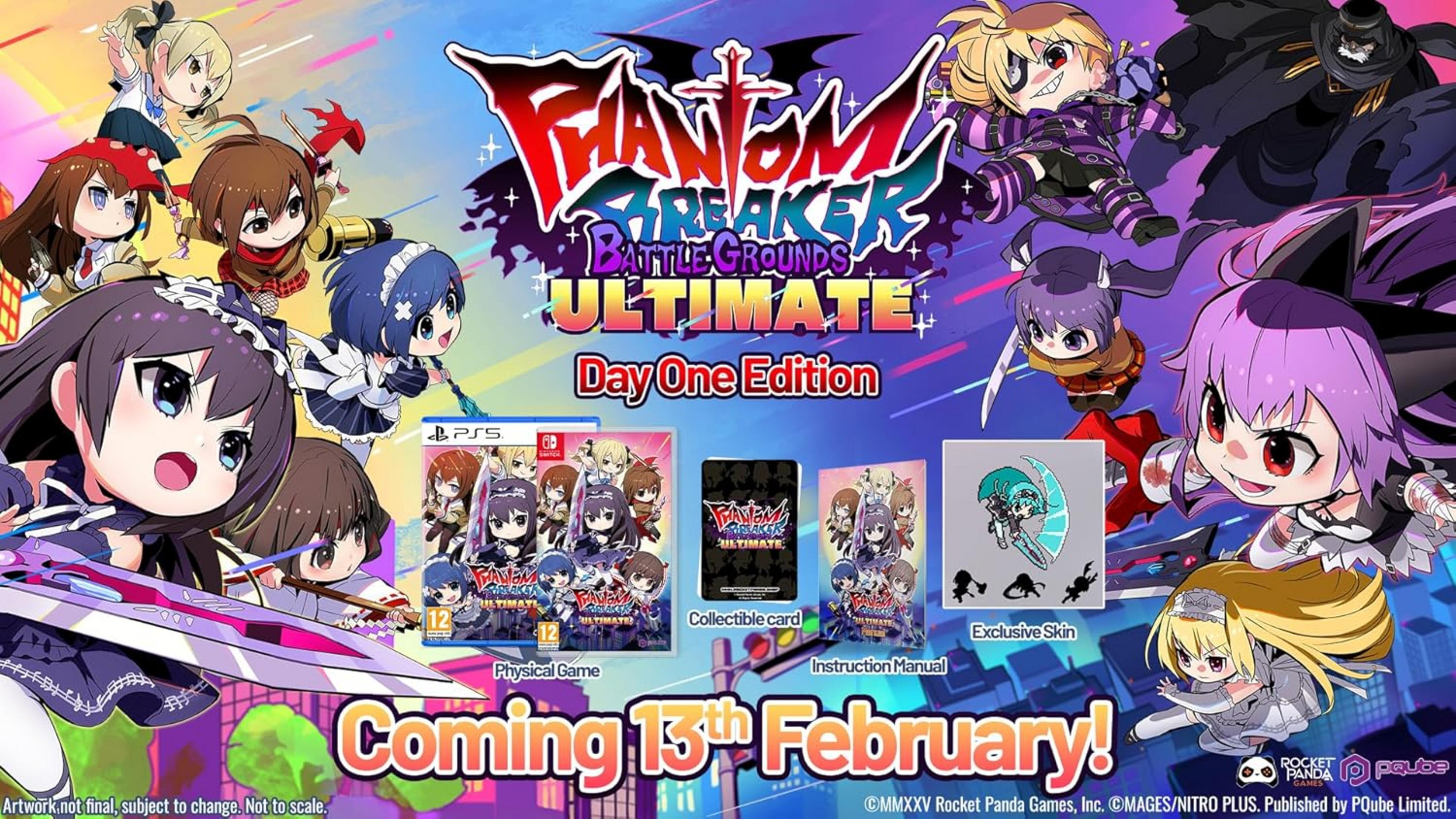 Personajes de anime rodean el logotipo de Phantom Breaker Battle Grounds Ultimate y artículos físicos. Llega el 13 de febrero.