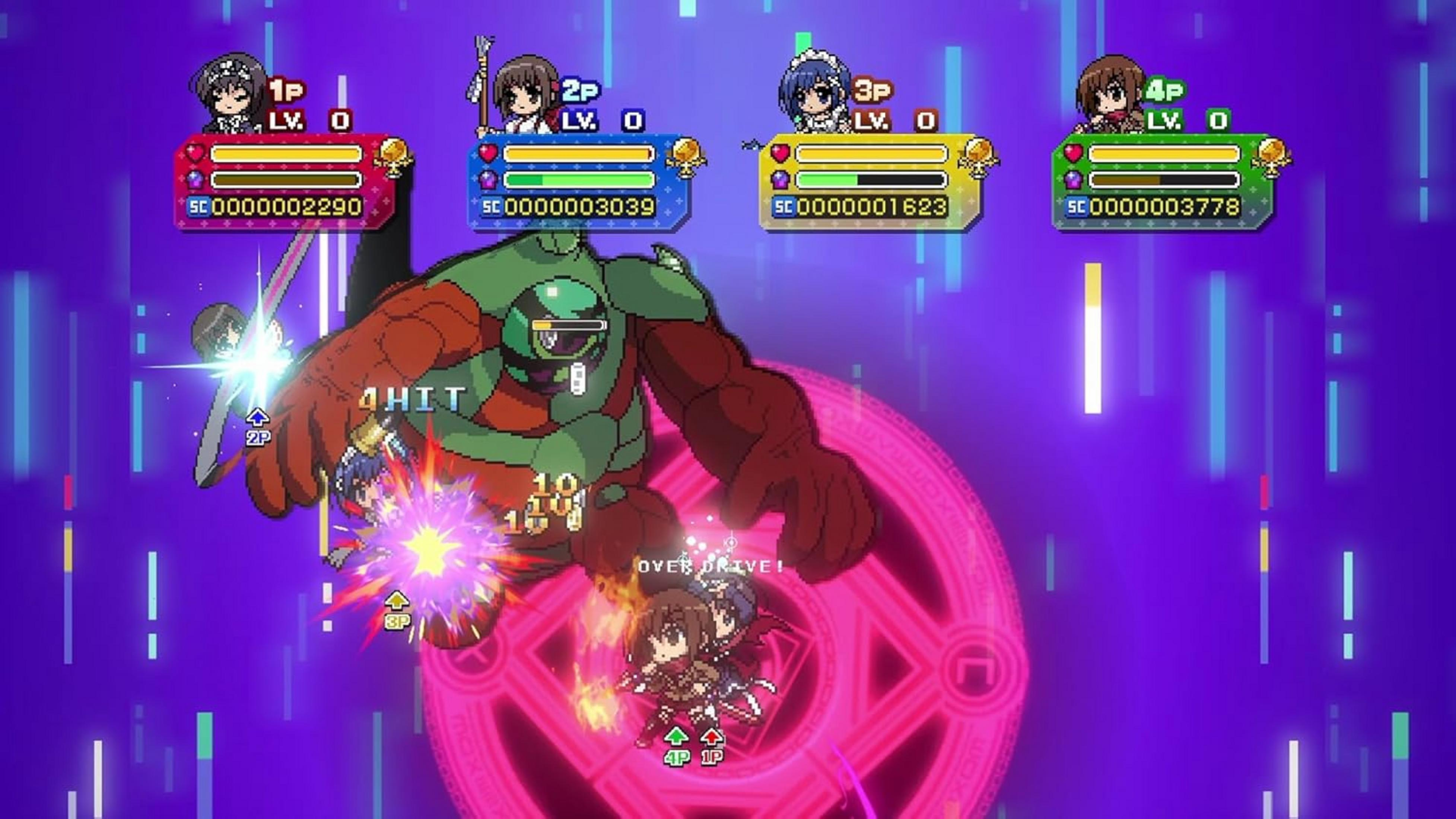 Escena de juego pixel art con cuatro personajes de anime luchando contra un gran jefe rojo y verde.