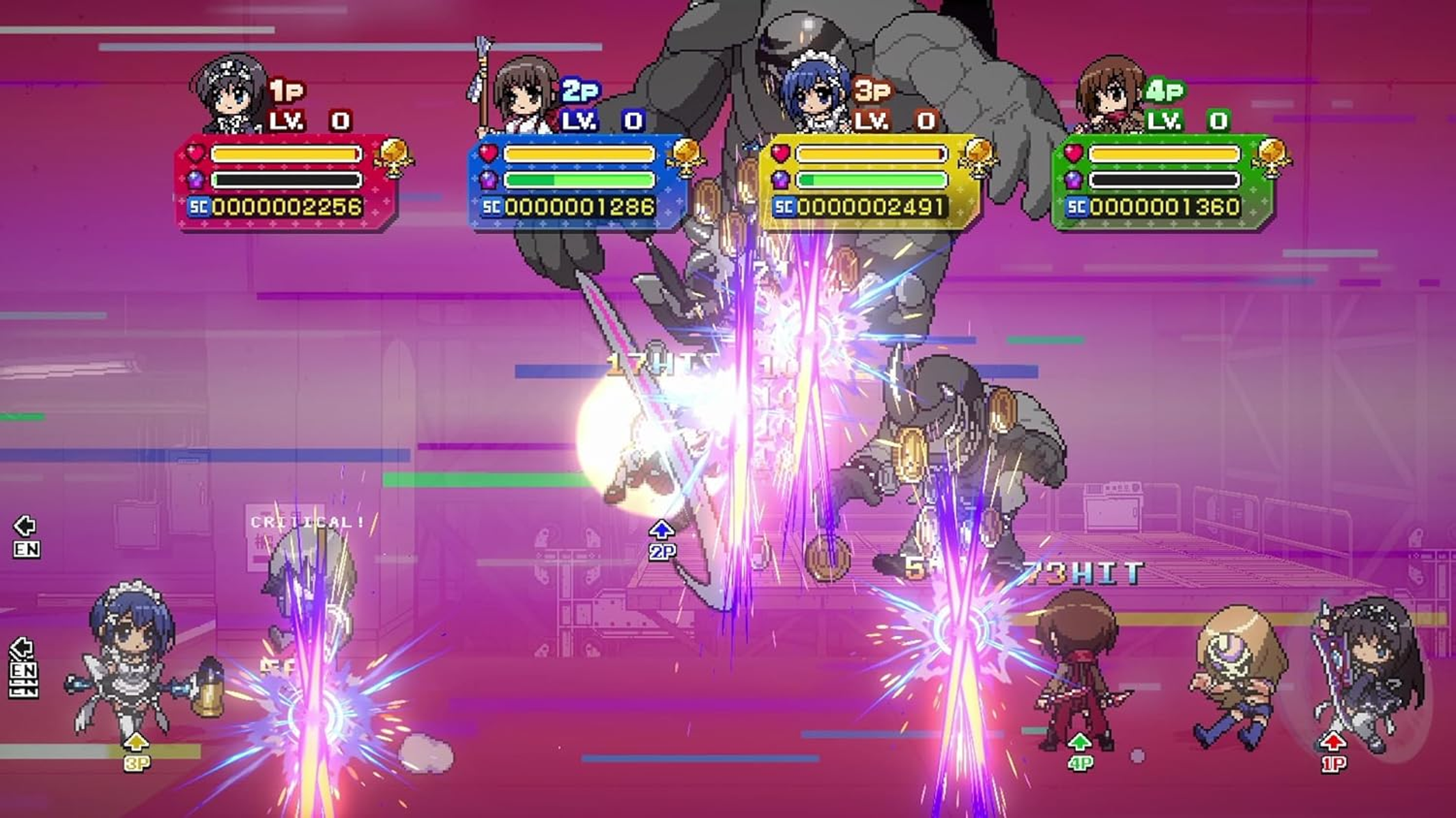 Escena de juego de acción en pixel art con personajes realizando coloridos ataques especiales contra jefes grandes.