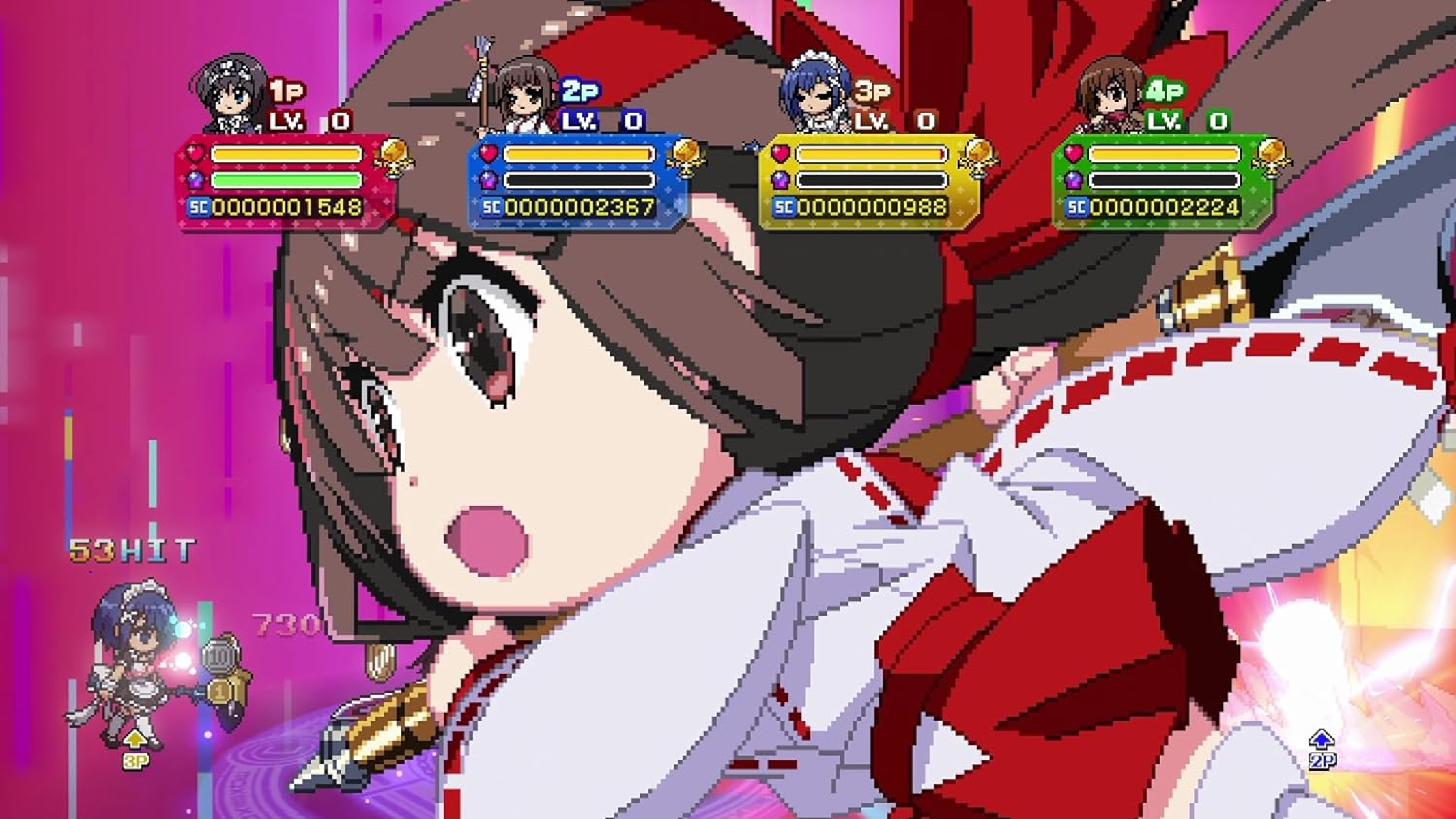 Personajes de anime pixelados en un videojuego con barras de vida sobre un fondo rosa.