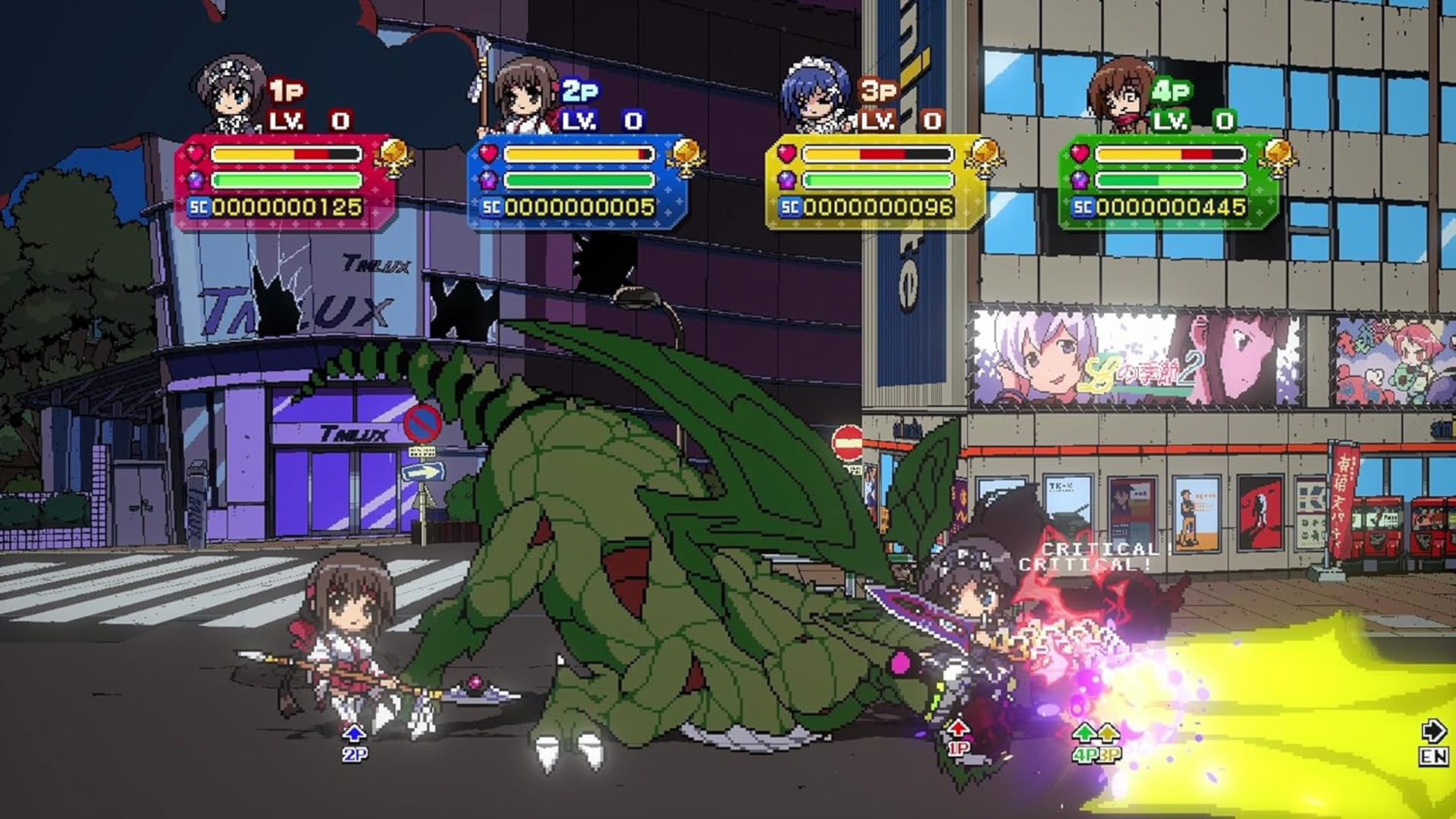 Un videojuego de pixel art muestra cuatro barras de personaje y personajes luchando contra un dragón verde en una calle.