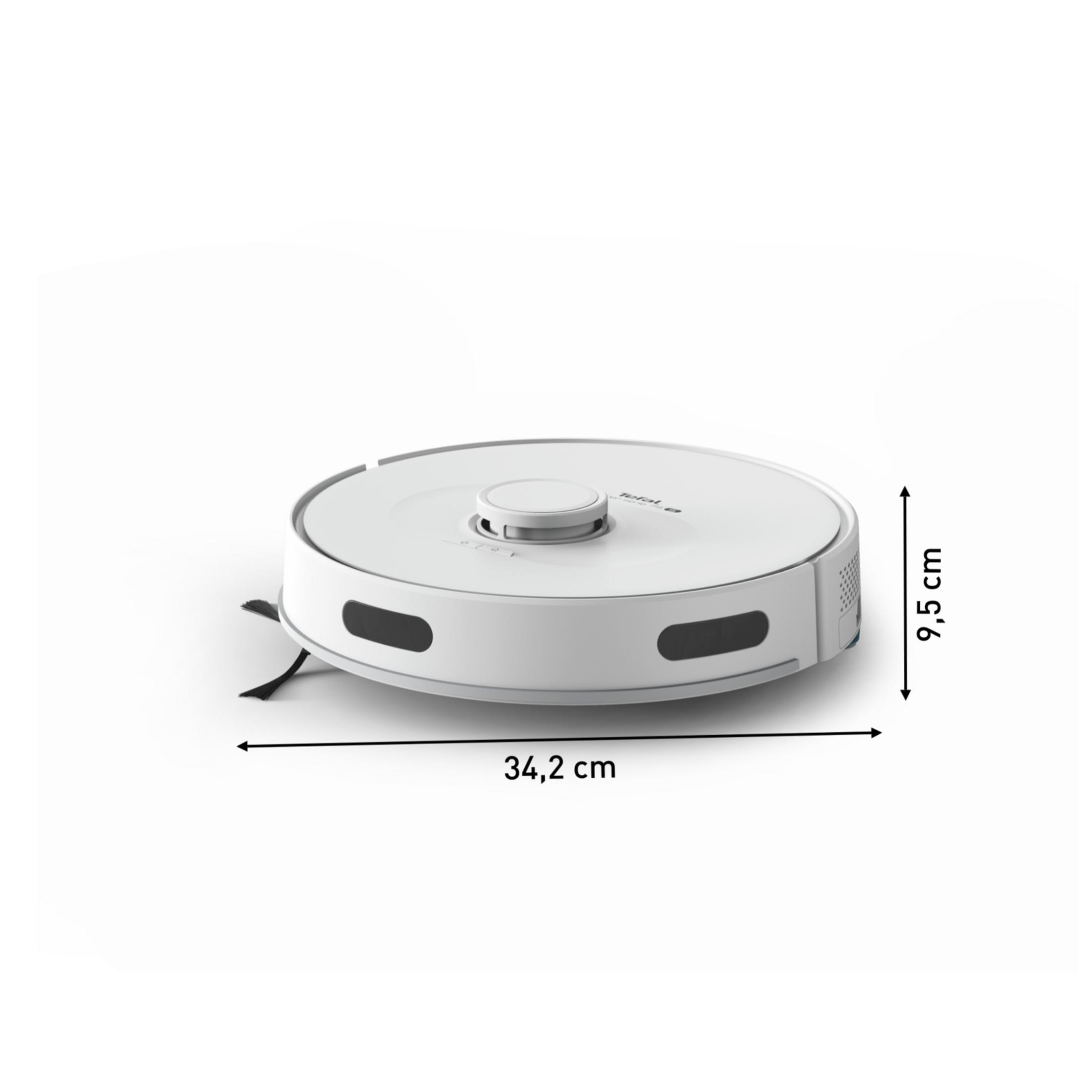 Beyaz arka planda 34,2 cm genişliğinde ve 9,5 cm yüksekliğinde beyaz robot süpürge.