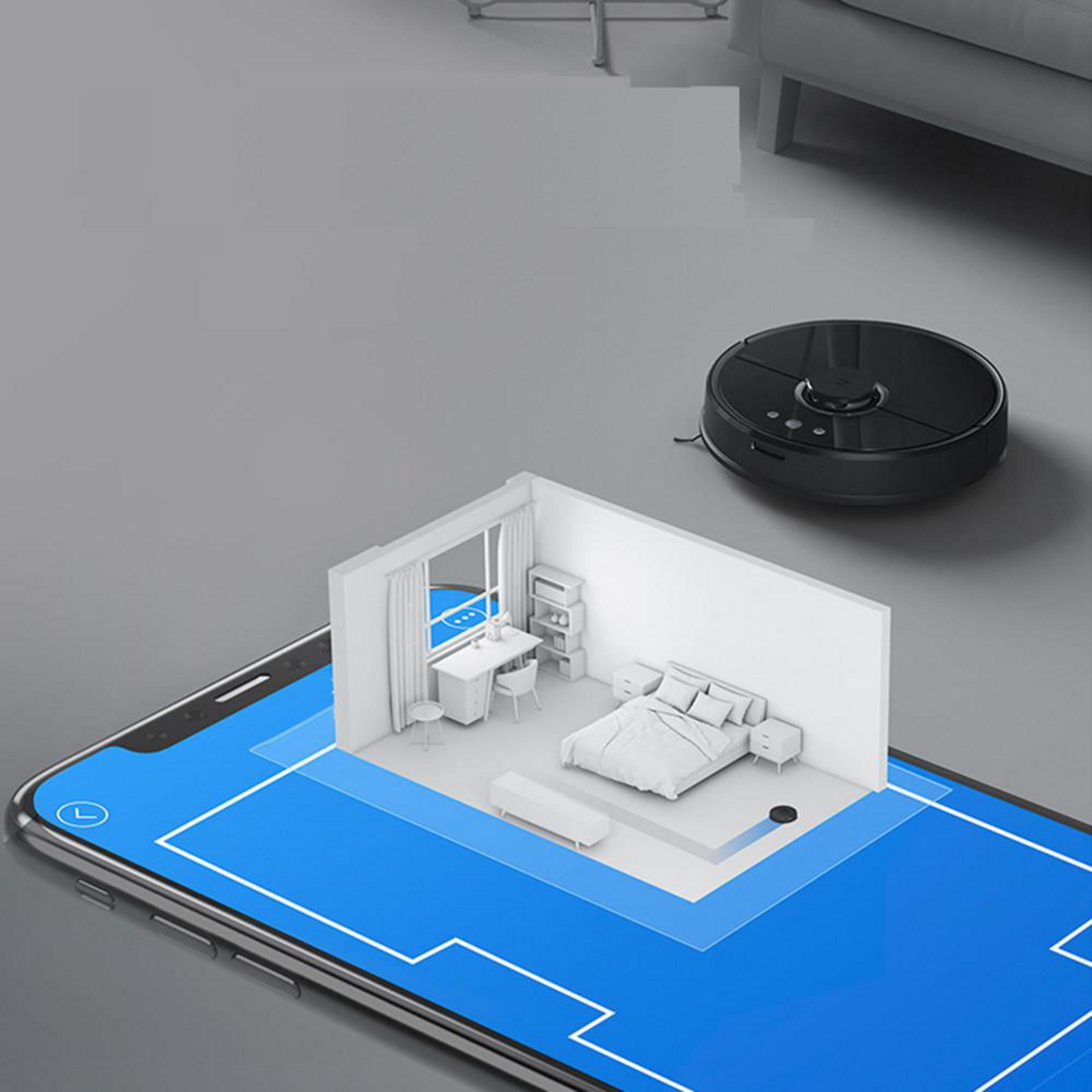 Ein schwarzer Saugroboter steht auf dem Boden neben einem Smartphone, das eine 3D-Karte des Raumes zeigt.