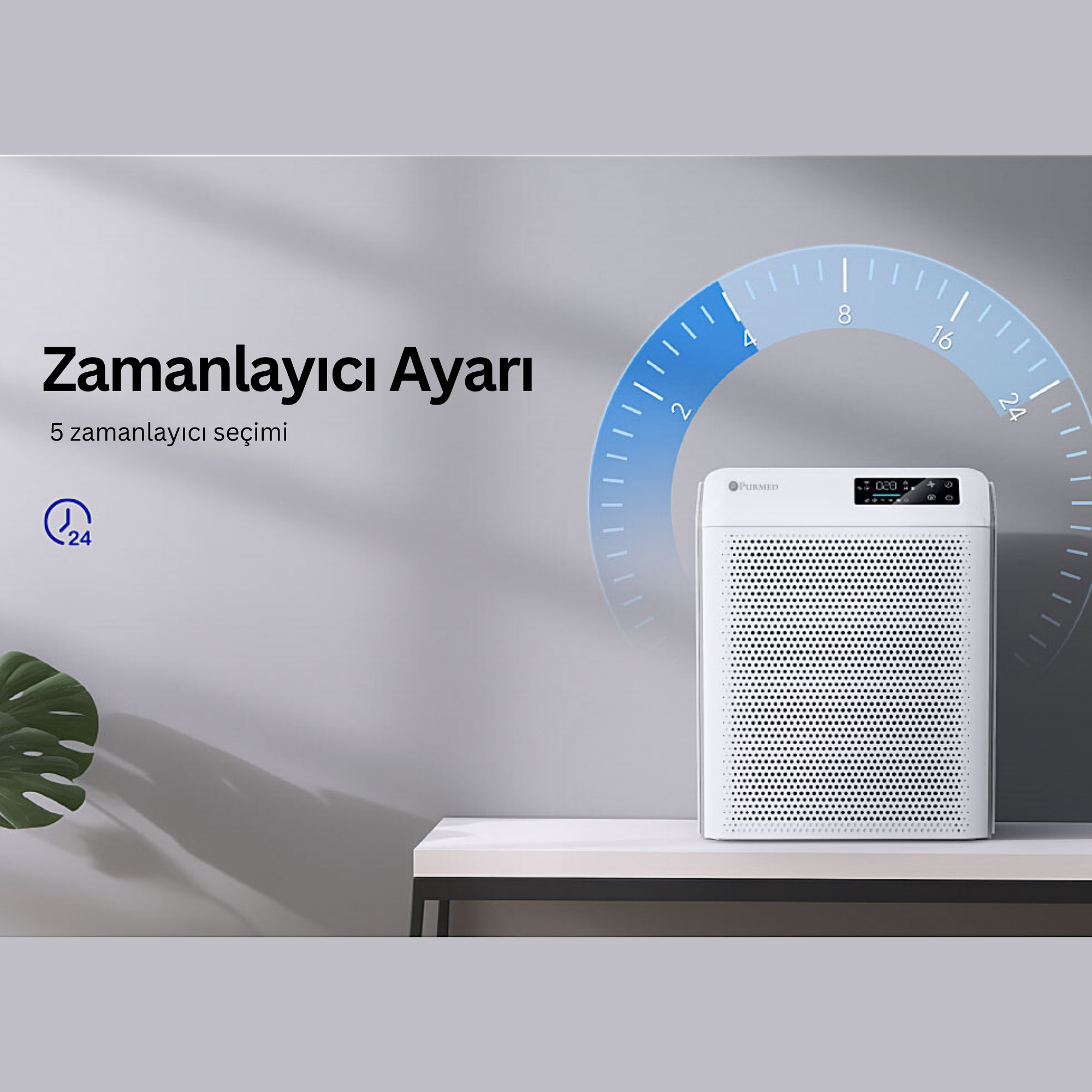 Arkasında mavi zamanlayıcı grafiği olan gri duvarda masada beyaz hava temizleyici.