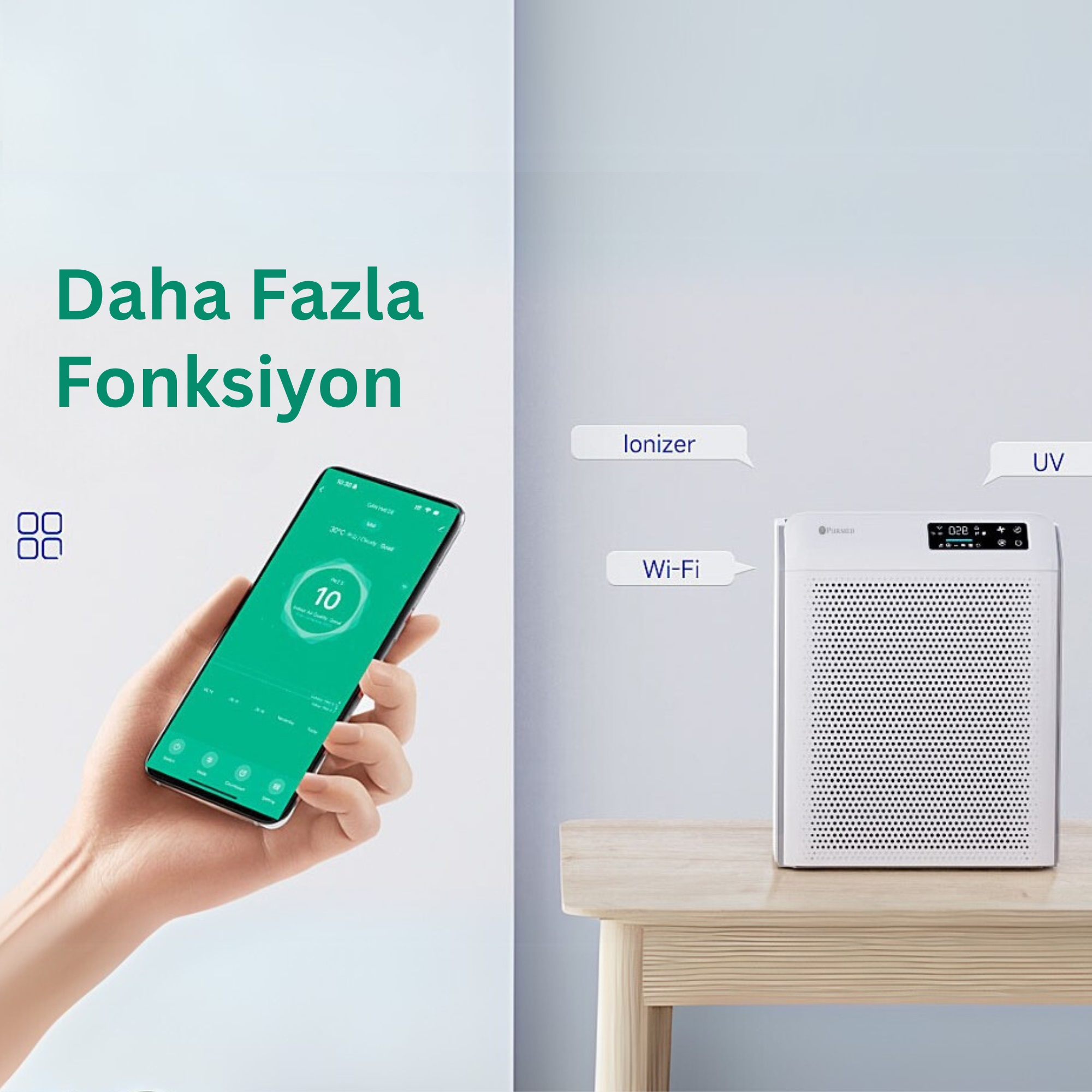 Ahşap masadaki hava temizleyiciyi kontrol eden uygulamalı akıllı telefonu tutan el.